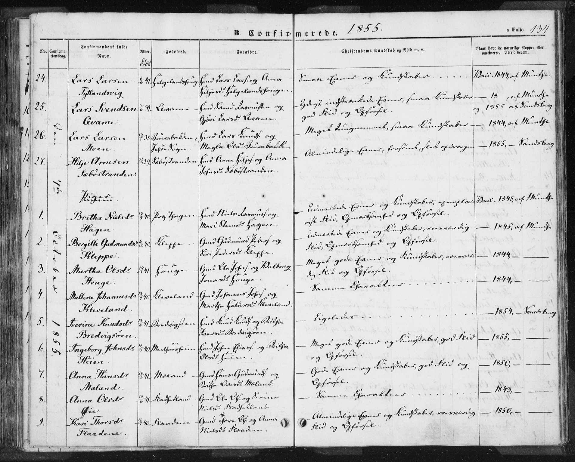 Hjelmeland sokneprestkontor, AV/SAST-A-101843/01/IV/L0009: Parish register (official) no. A 9, 1846-1860, p. 134