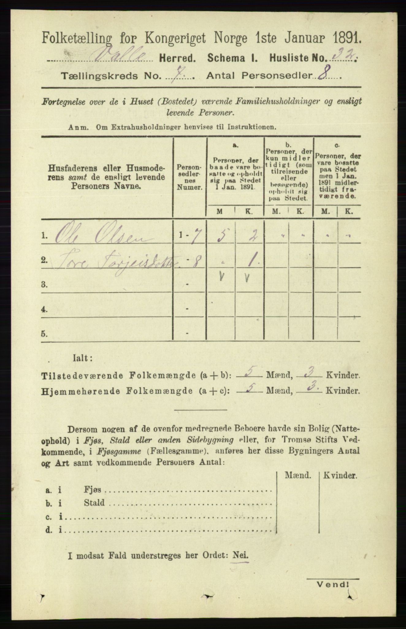 RA, 1891 census for 0940 Valle, 1891, p. 1955