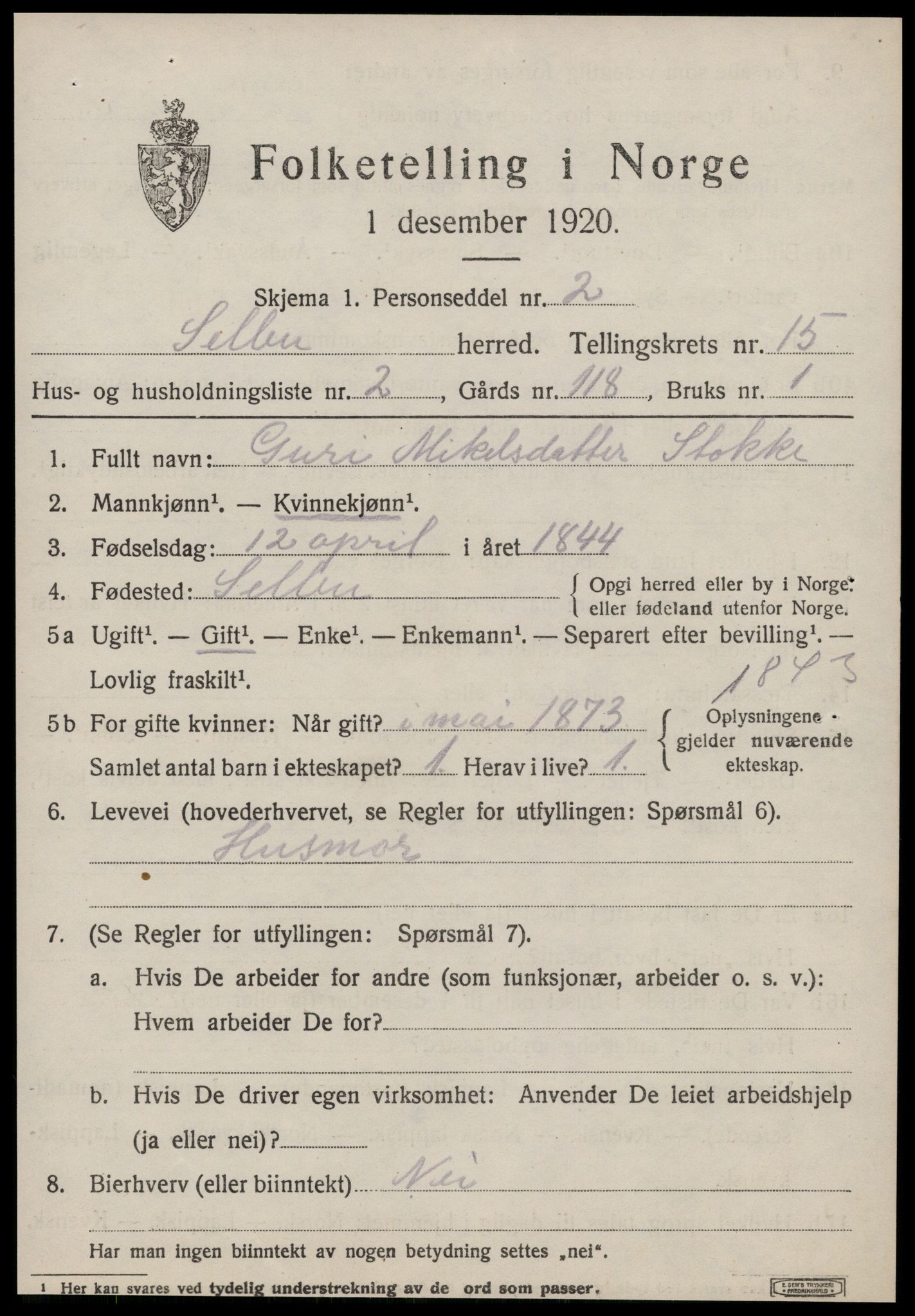 SAT, 1920 census for Selbu, 1920, p. 7860