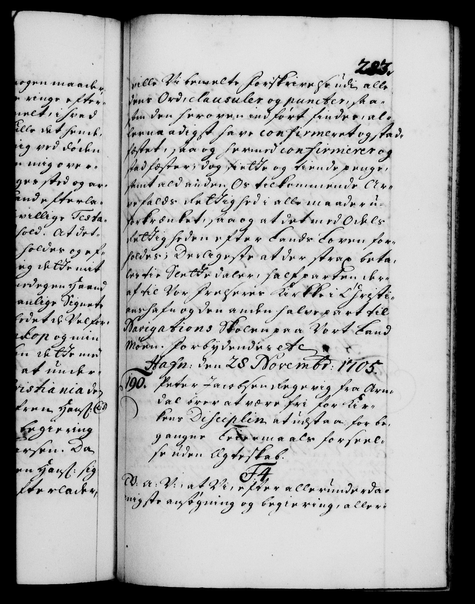 Danske Kanselli 1572-1799, AV/RA-EA-3023/F/Fc/Fca/Fcaa/L0019: Norske registre, 1704-1707, p. 283a