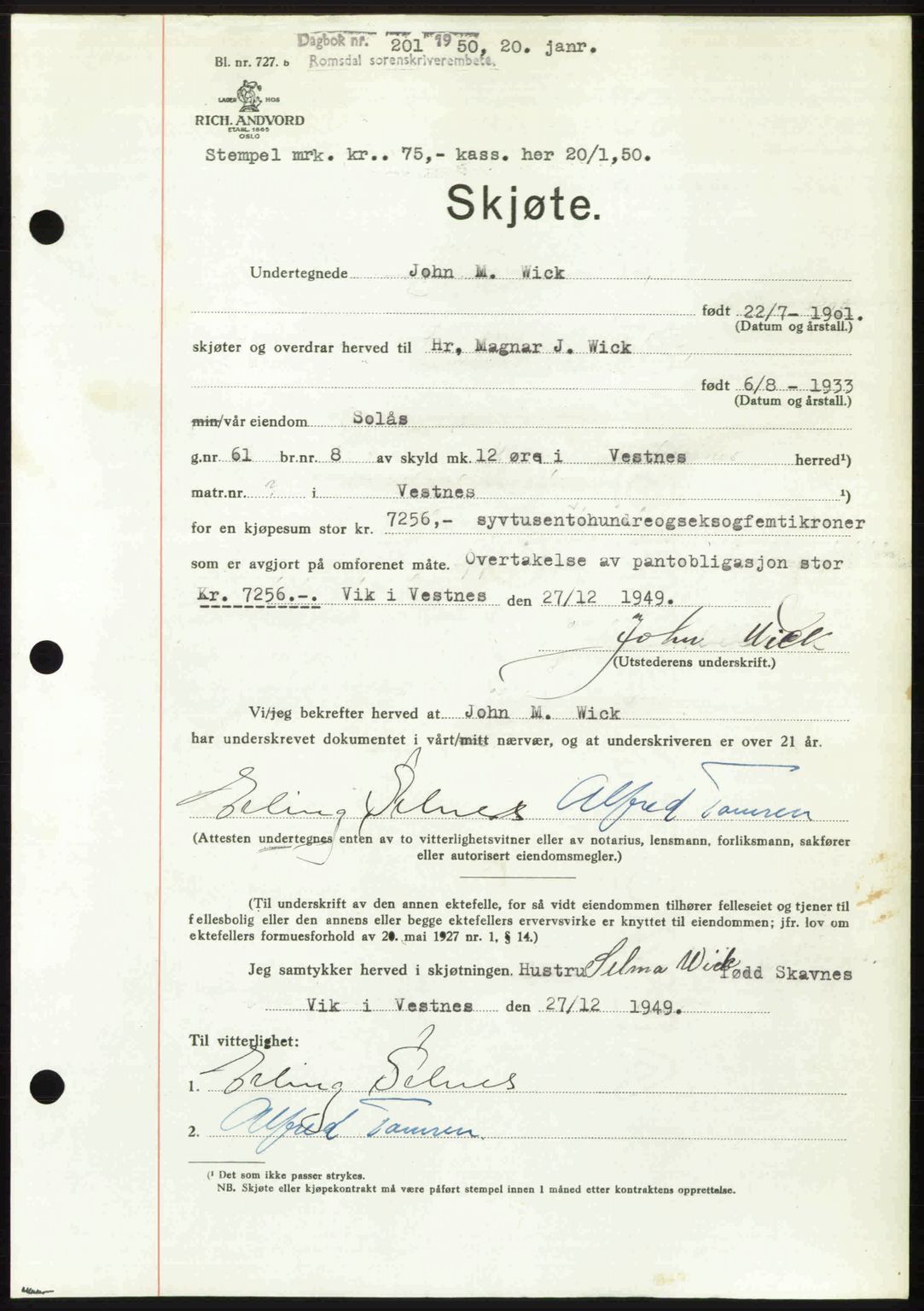 Romsdal sorenskriveri, AV/SAT-A-4149/1/2/2C: Mortgage book no. A32, 1950-1950, Diary no: : 201/1950