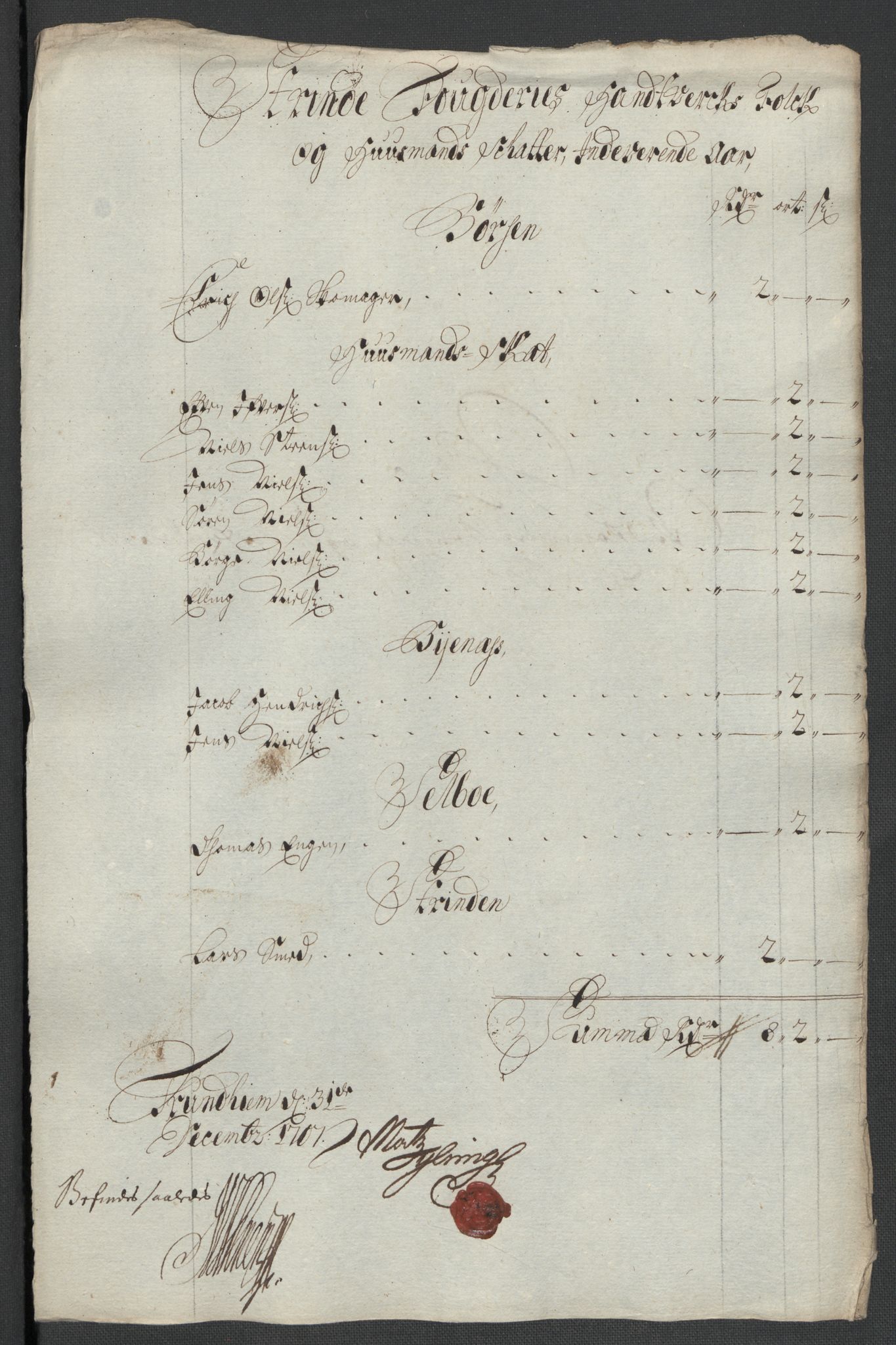 Rentekammeret inntil 1814, Reviderte regnskaper, Fogderegnskap, AV/RA-EA-4092/R61/L4110: Fogderegnskap Strinda og Selbu, 1707-1708, p. 104