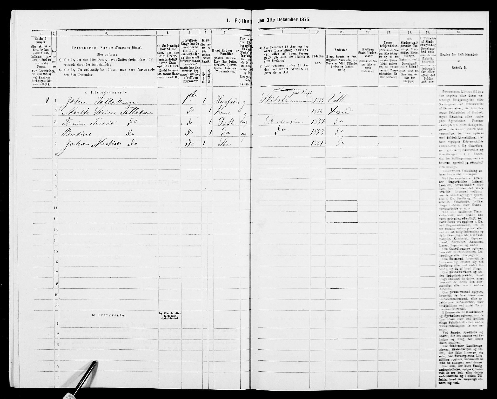 SAK, 1875 census for 1001P Kristiansand, 1875, p. 2185