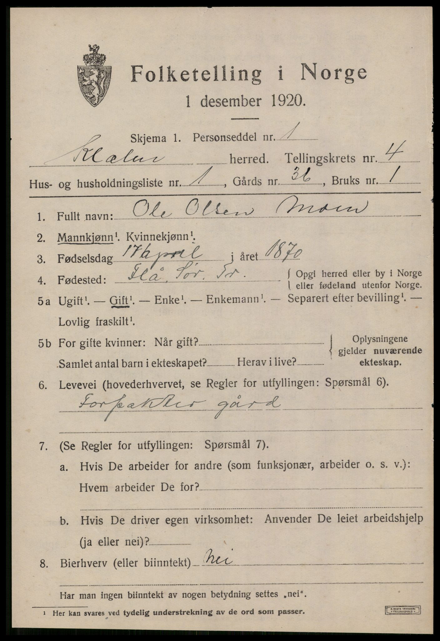 SAT, 1920 census for Klæbu, 1920, p. 2070