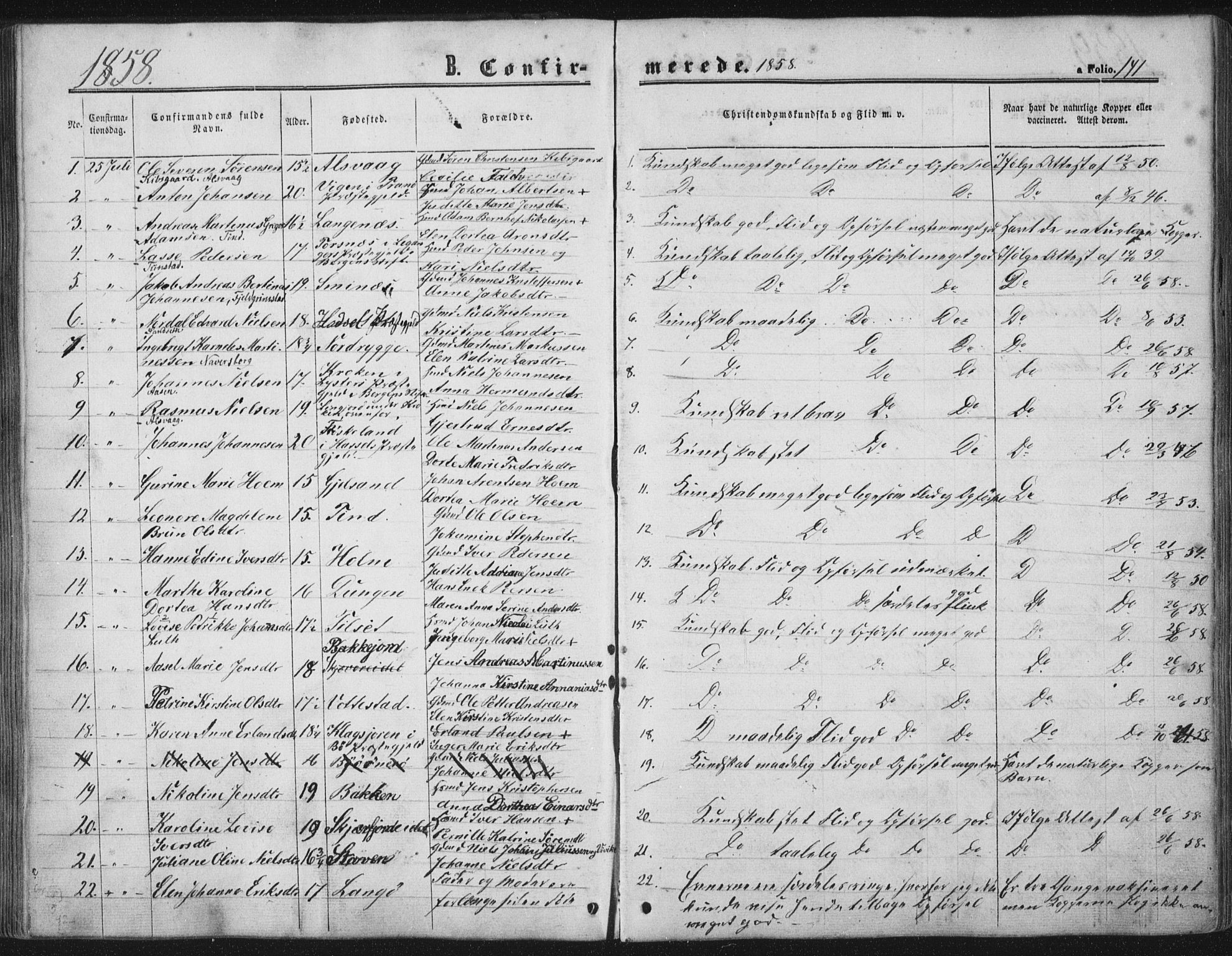 Ministerialprotokoller, klokkerbøker og fødselsregistre - Nordland, SAT/A-1459/893/L1333: Parish register (official) no. 893A06, 1858-1866, p. 141