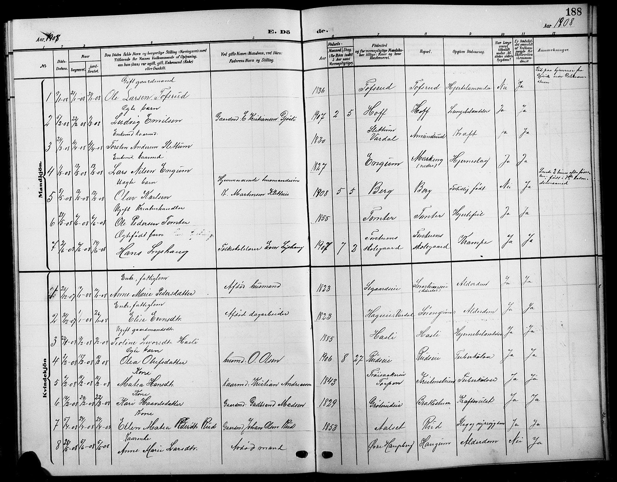Biri prestekontor, SAH/PREST-096/H/Ha/Hab/L0005: Parish register (copy) no. 5, 1906-1919, p. 188