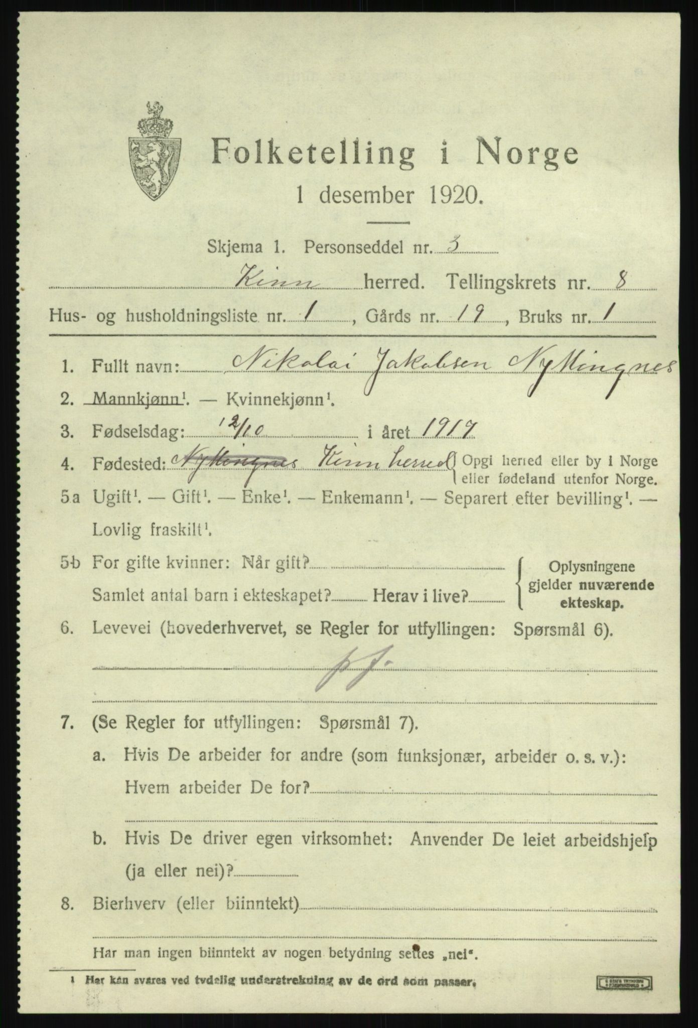 SAB, 1920 census for Kinn, 1920, p. 3217