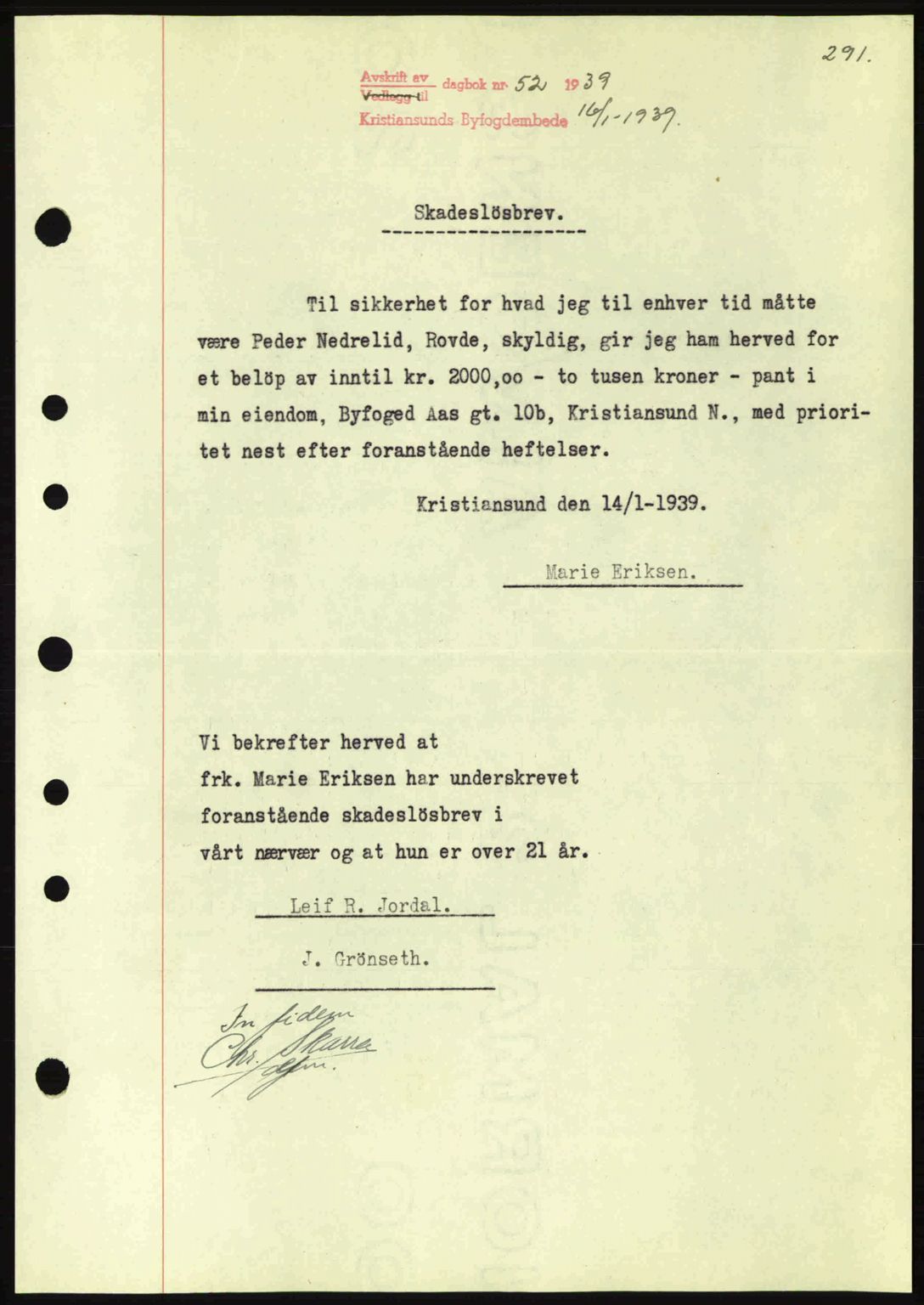 Kristiansund byfogd, SAT/A-4587/A/27: Mortgage book no. 31, 1938-1939, Diary no: : 52/1939