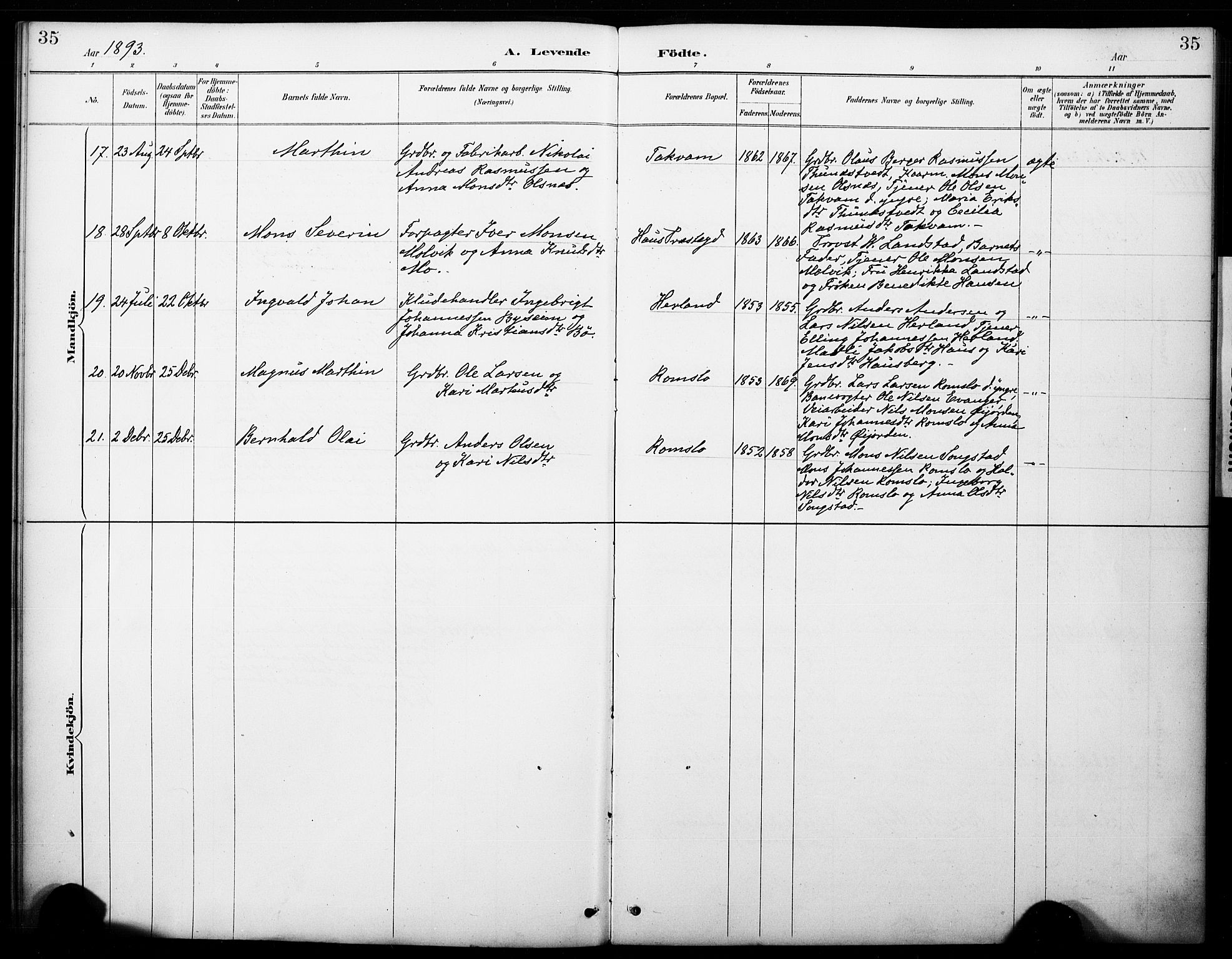 Haus sokneprestembete, AV/SAB-A-75601/H/Haa: Parish register (official) no. B 1, 1887-1898, p. 35