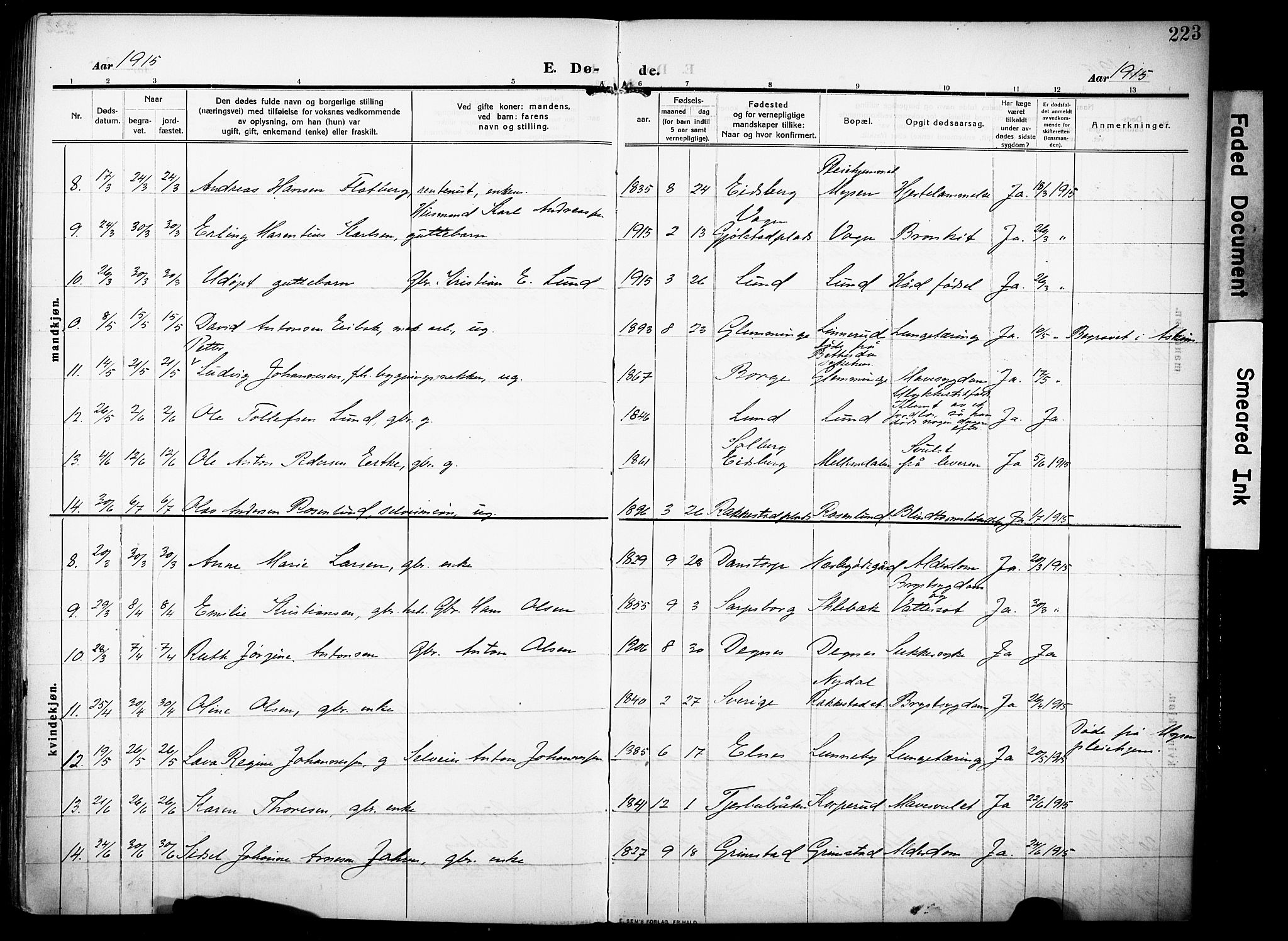 Rakkestad prestekontor Kirkebøker, AV/SAO-A-2008/F/Fa/L0015: Parish register (official) no. I 15, 1909-1922, p. 223