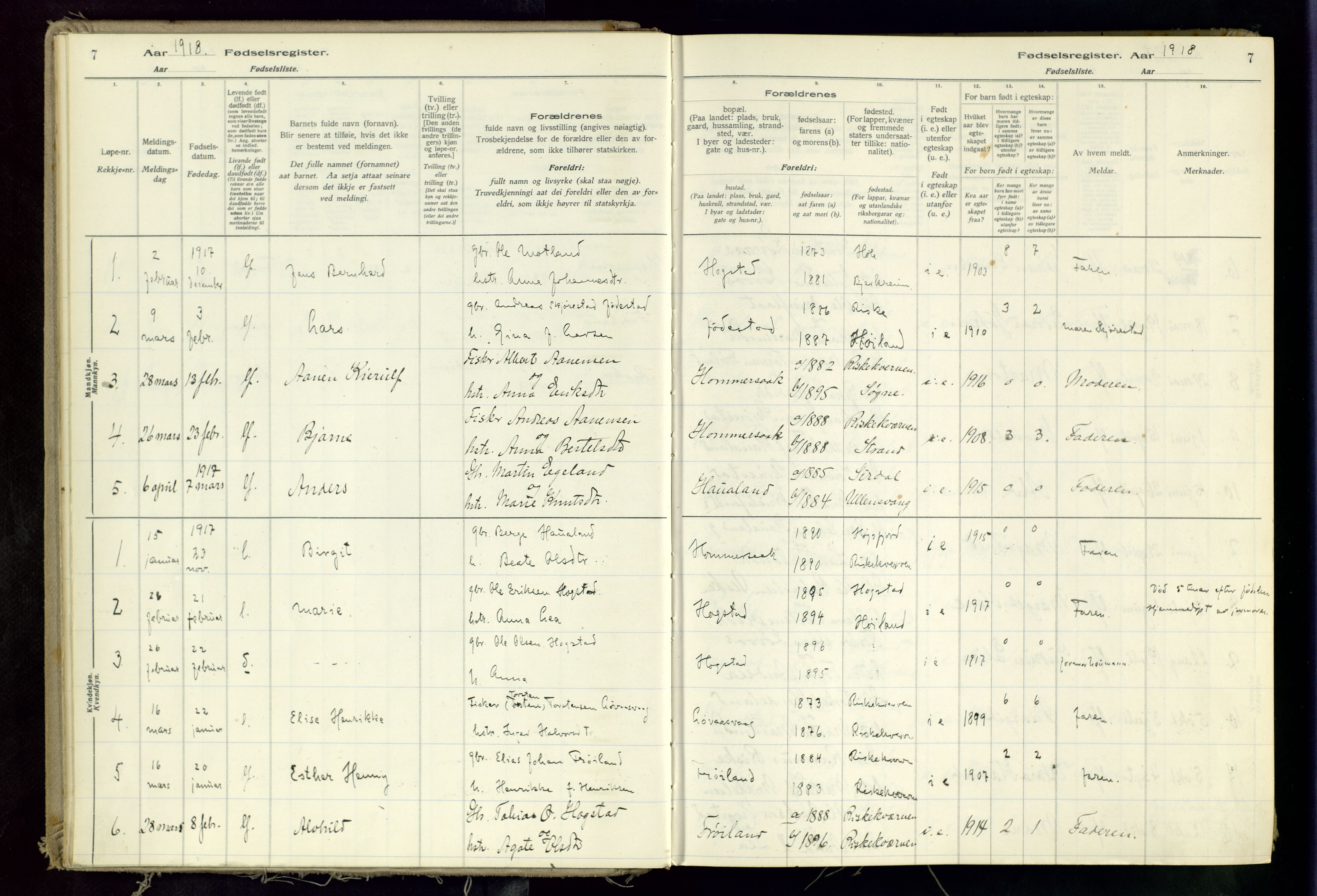 Hetland sokneprestkontor, SAST/A-101826/70/704BA/L0002: Birth register no. 2, 1916-1968, p. 7