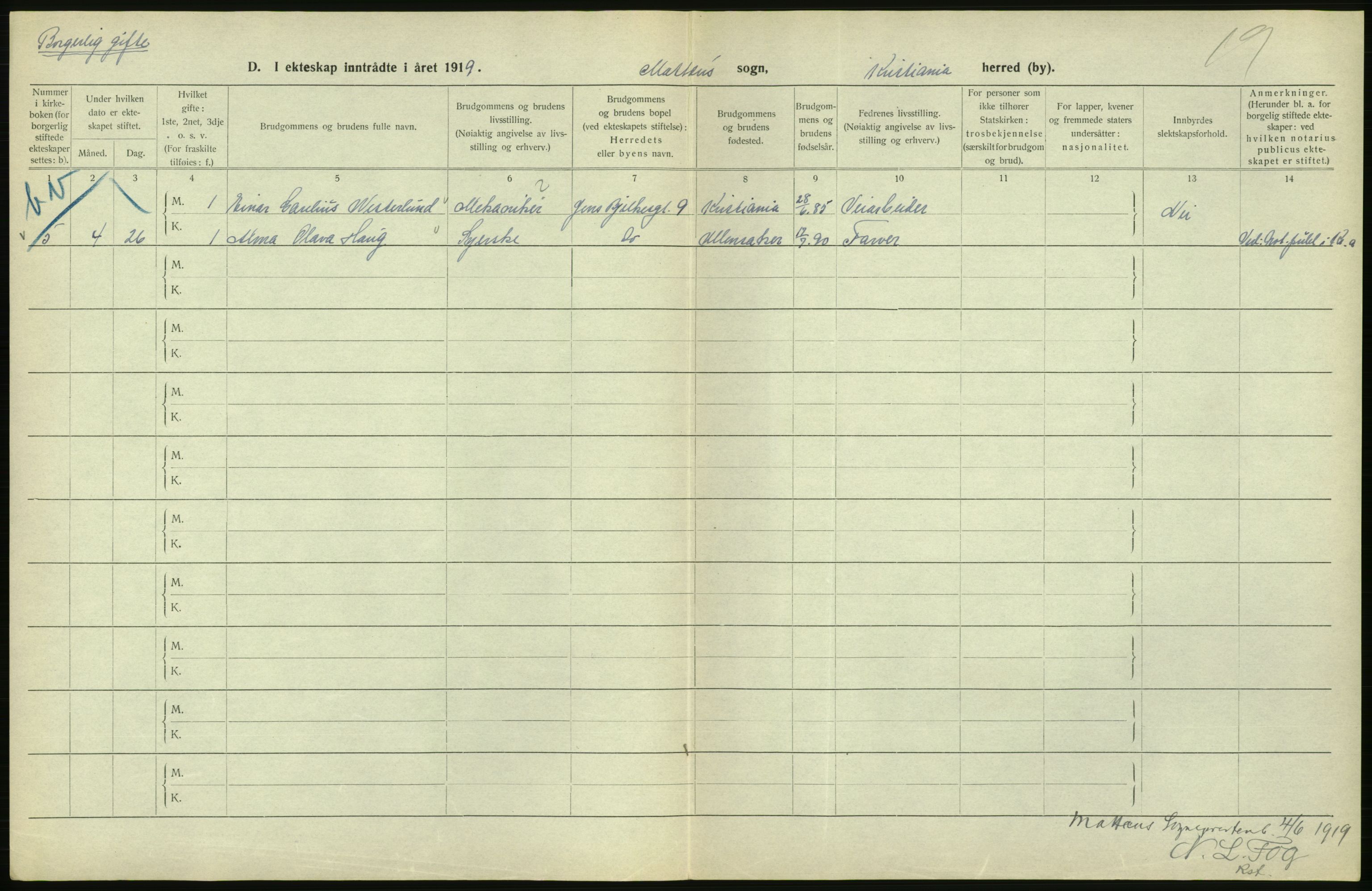 Statistisk sentralbyrå, Sosiodemografiske emner, Befolkning, AV/RA-S-2228/D/Df/Dfb/Dfbi/L0009: Kristiania: Gifte, 1919, p. 594