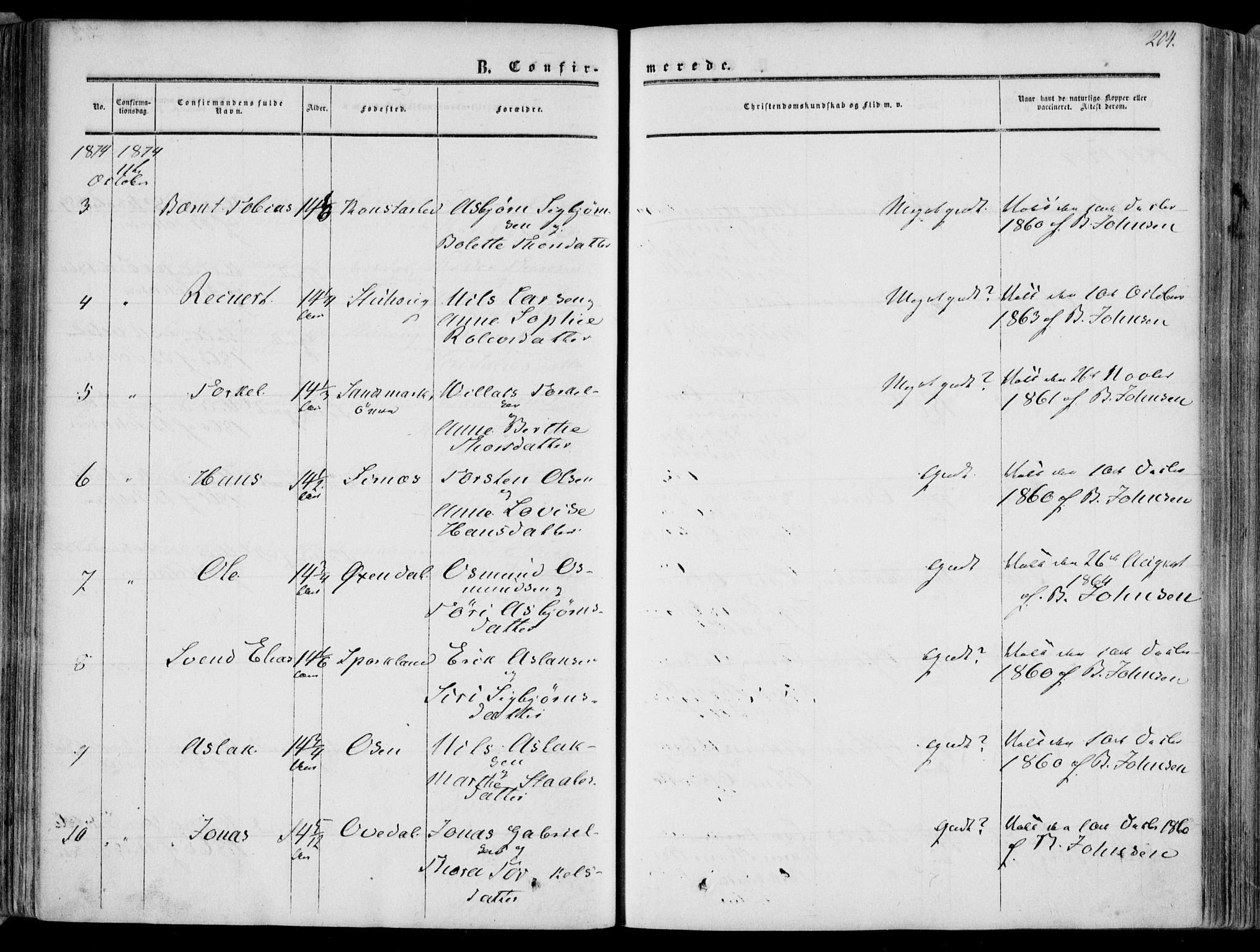 Bakke sokneprestkontor, AV/SAK-1111-0002/F/Fa/Faa/L0006: Parish register (official) no. A 6, 1855-1877, p. 204