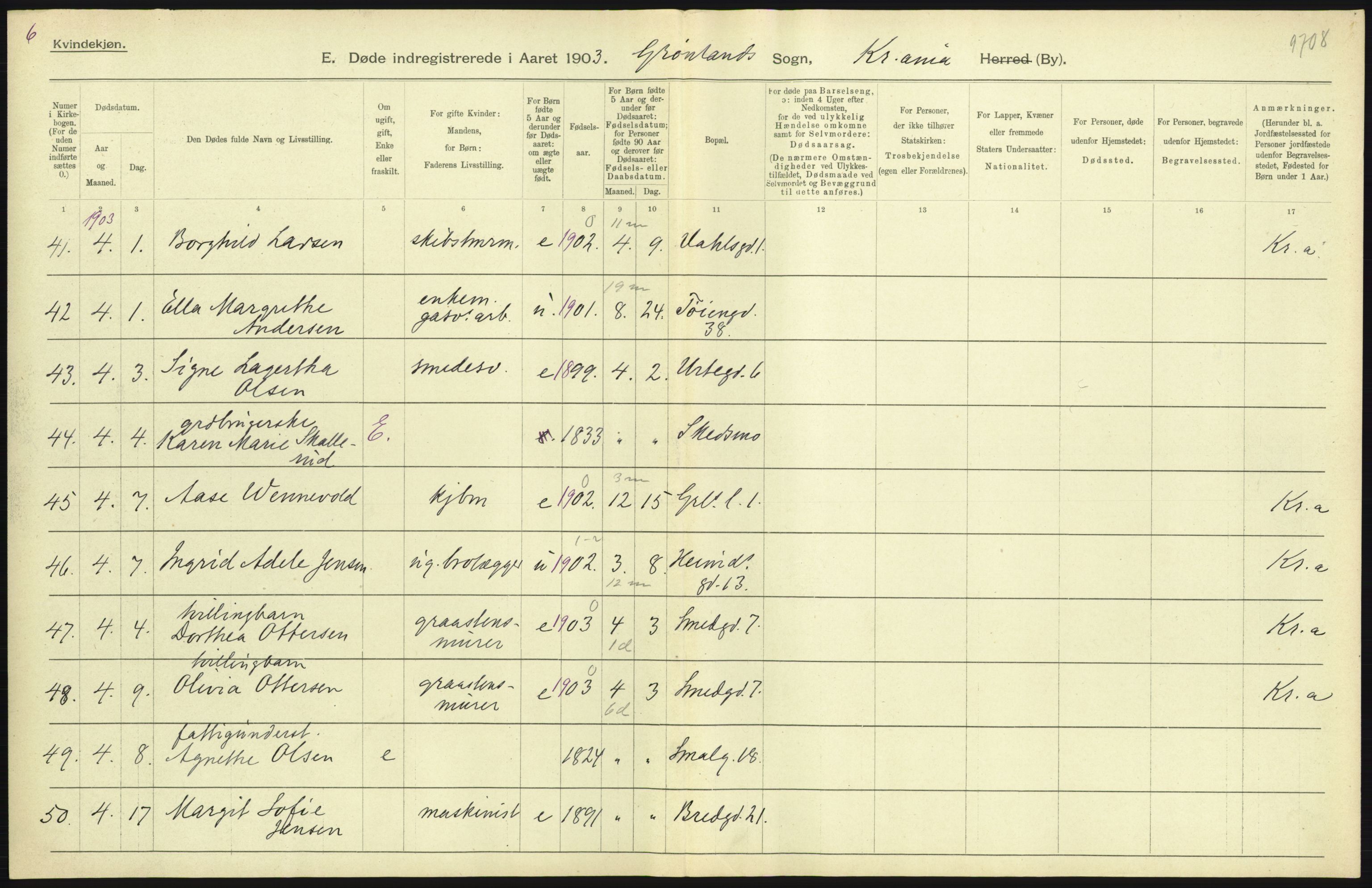 Statistisk sentralbyrå, Sosiodemografiske emner, Befolkning, AV/RA-S-2228/D/Df/Dfa/Dfaa/L0004: Kristiania: Gifte, døde, 1903, p. 385