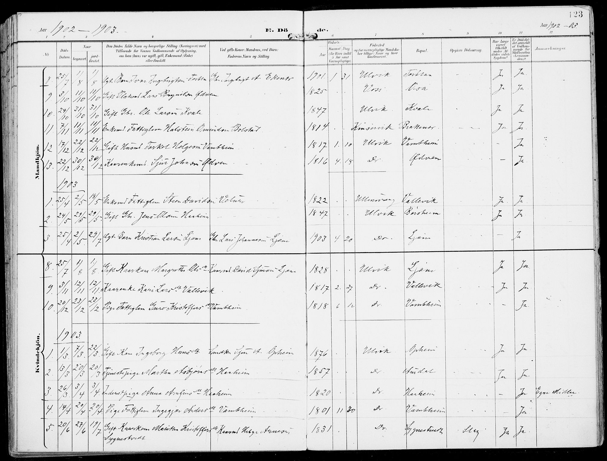 Ulvik sokneprestembete, SAB/A-78801/H/Haa: Parish register (official) no. B  2, 1898-1924, p. 123