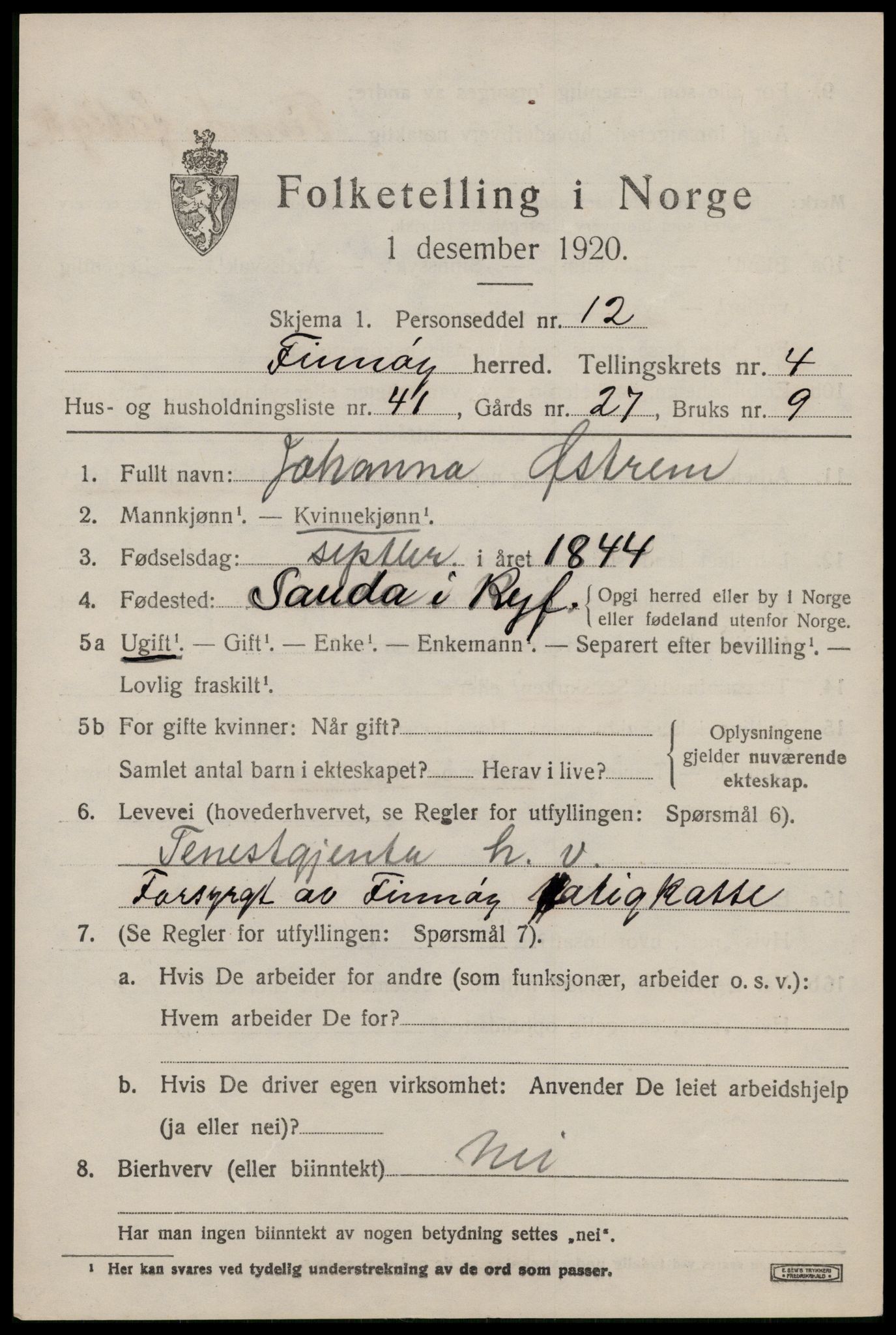 SAST, 1920 census for Finnøy, 1920, p. 2814