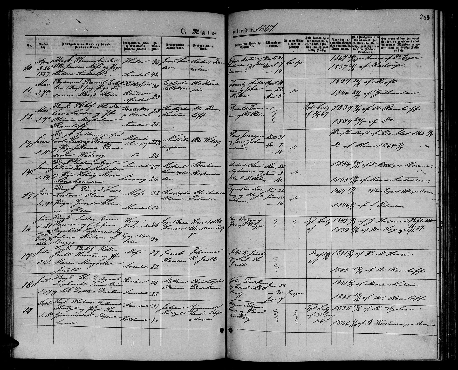 Arendal sokneprestkontor, Trefoldighet, SAK/1111-0040/F/Fb/L0004: Parish register (copy) no. B 4, 1861-1873, p. 289