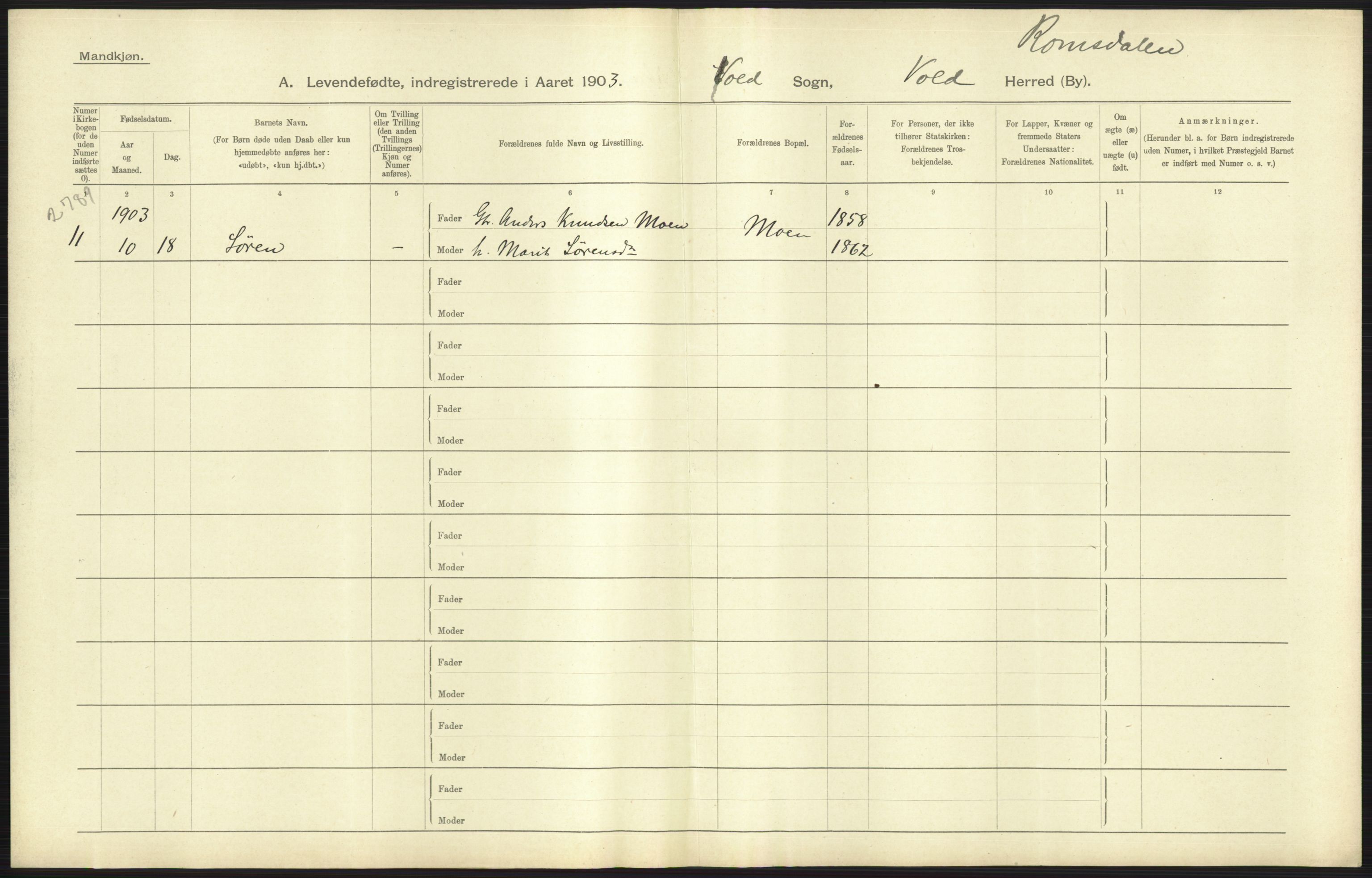 Statistisk sentralbyrå, Sosiodemografiske emner, Befolkning, AV/RA-S-2228/D/Df/Dfa/Dfaa/L0016: Romsdal amt: Fødte, gifte, døde., 1903, p. 43