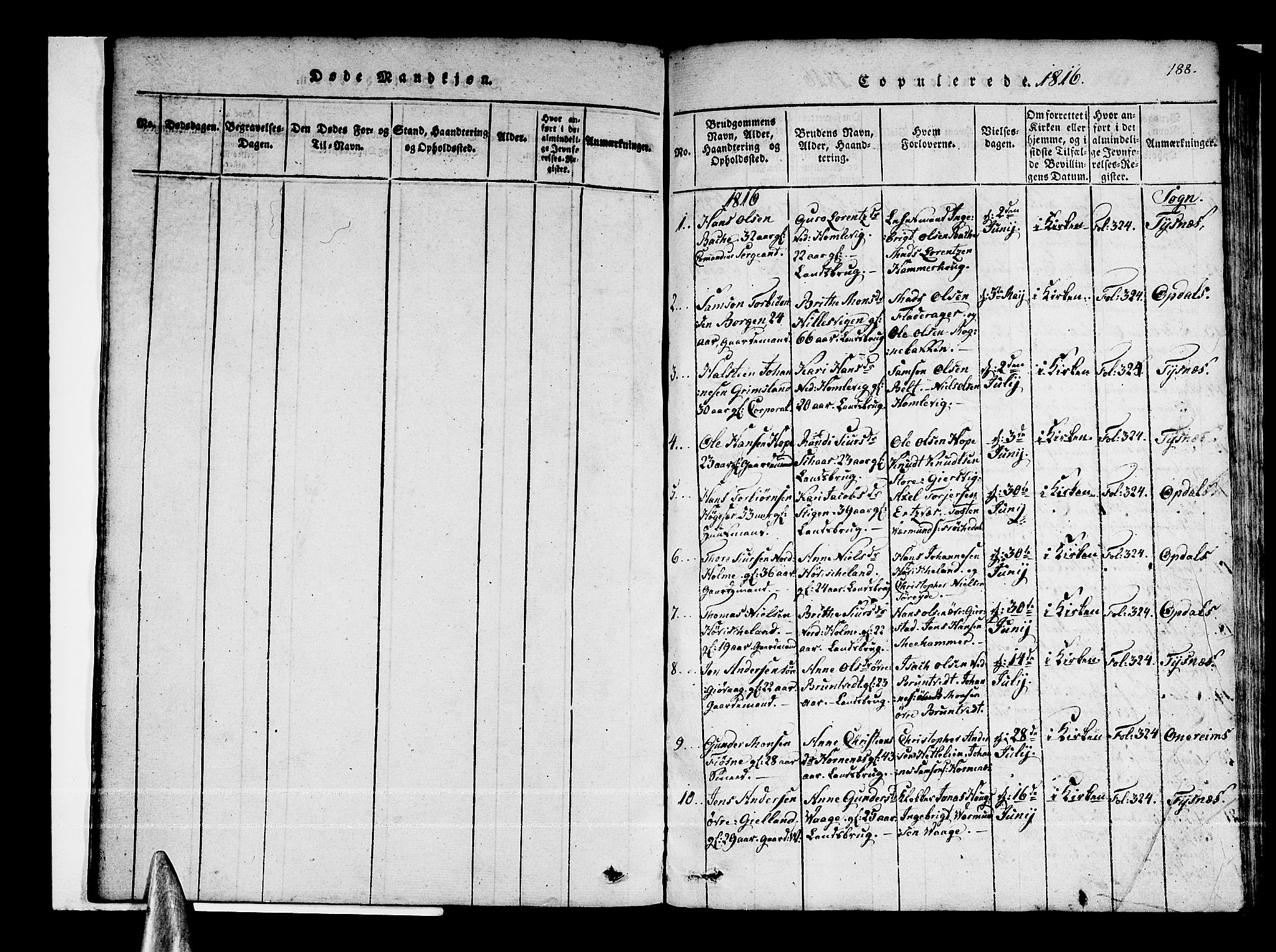 Tysnes sokneprestembete, SAB/A-78601/H/Haa: Parish register (official) no. A 7, 1816-1826, p. 188