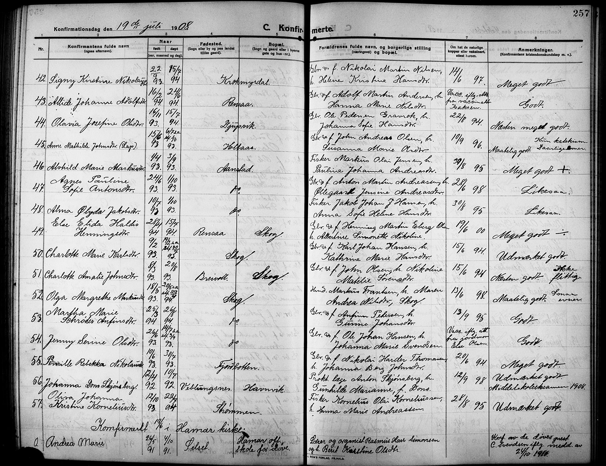 Ibestad sokneprestembete, AV/SATØ-S-0077/H/Ha/Hab/L0009klokker: Parish register (copy) no. 9, 1902-1914, p. 257