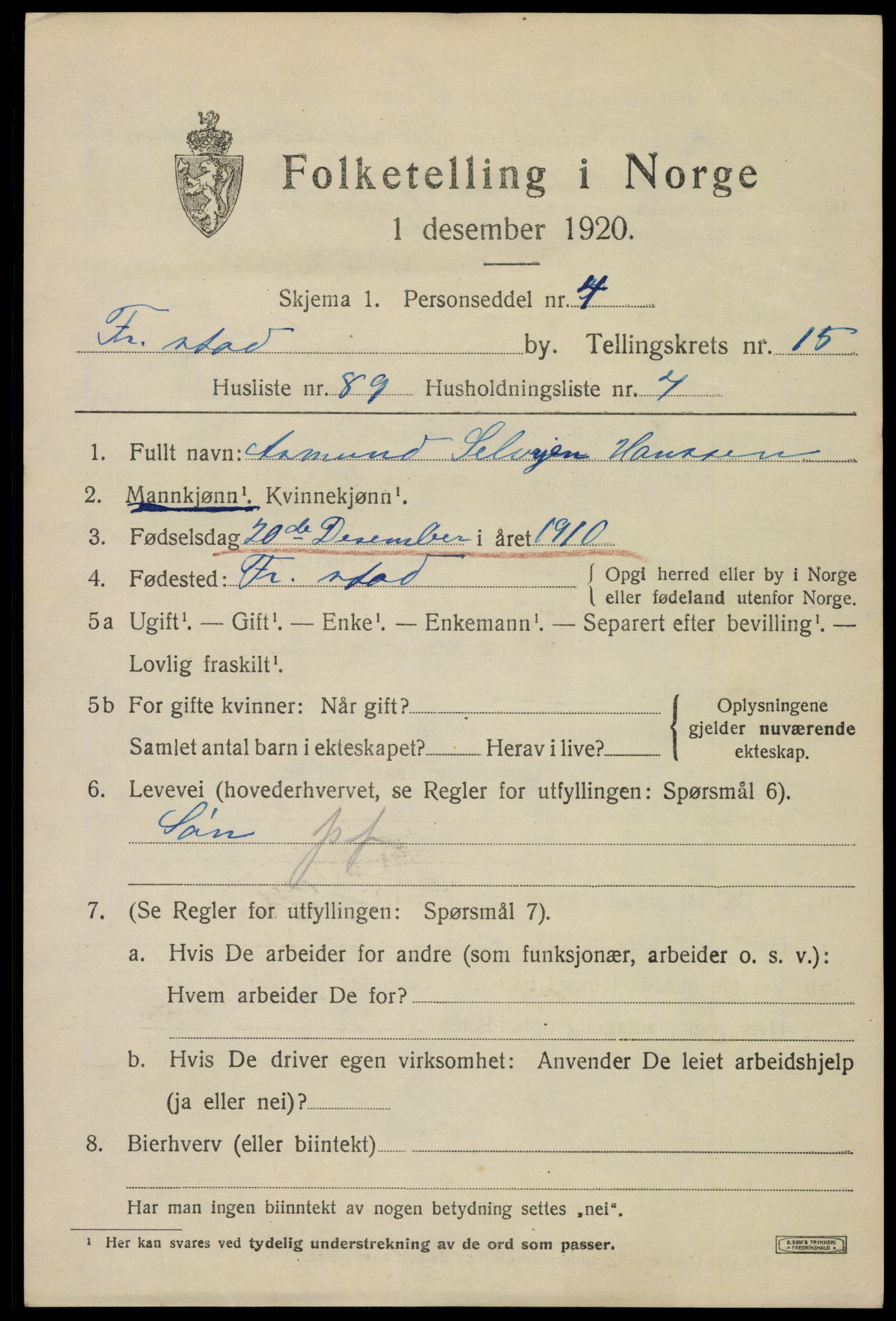 SAO, 1920 census for Fredrikstad, 1920, p. 37039