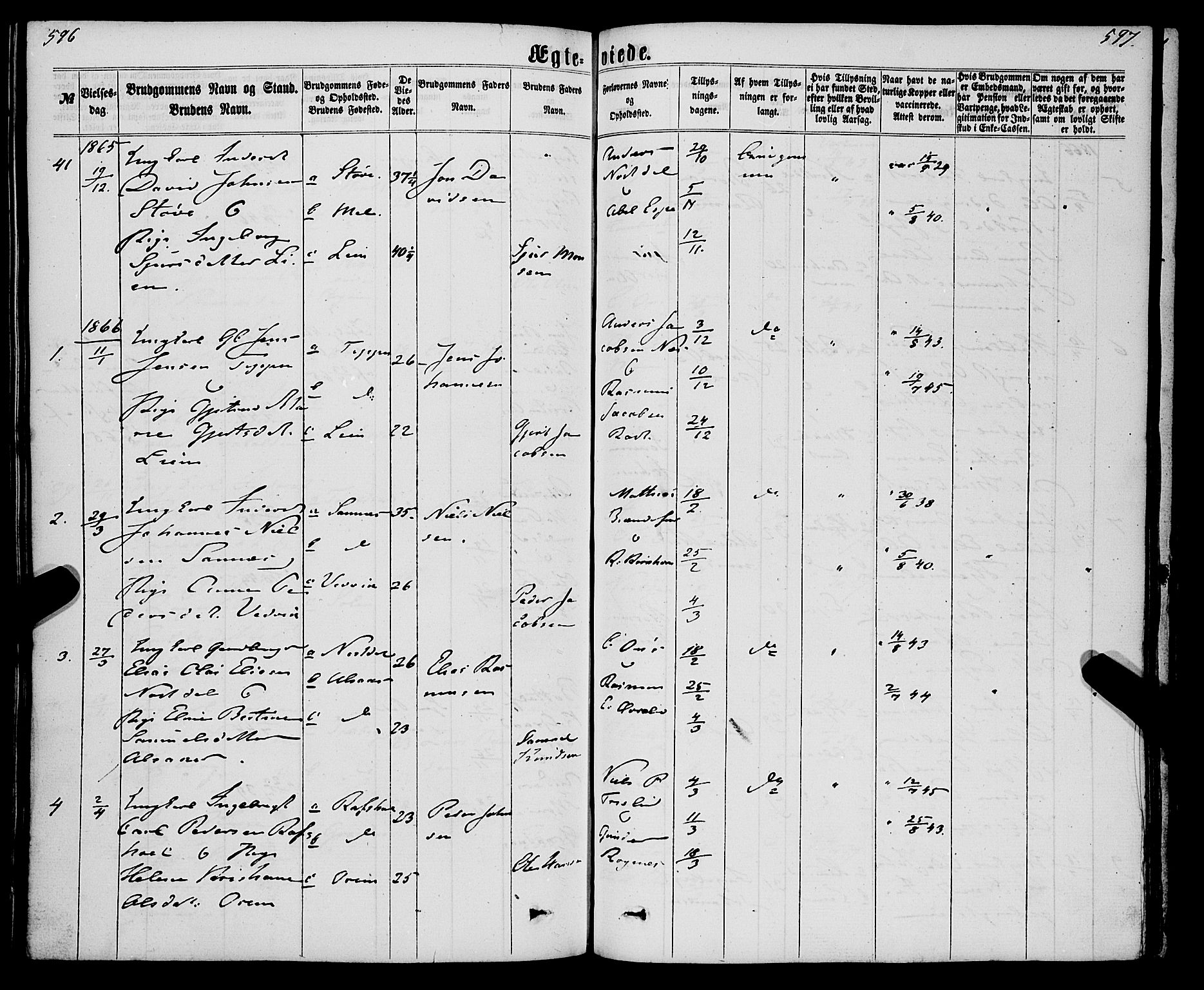 Eid sokneprestembete, SAB/A-82301/H/Haa/Haaa/L0009: Parish register (official) no. A 9, 1861-1868, p. 596-597