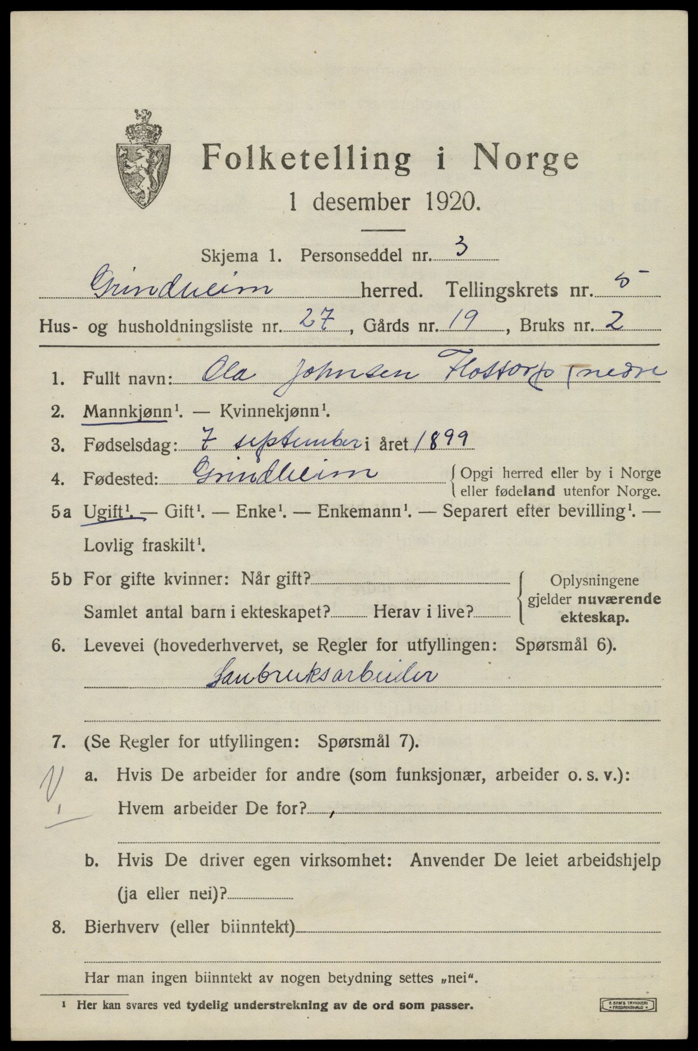 SAK, 1920 census for Grindheim, 1920, p. 1827