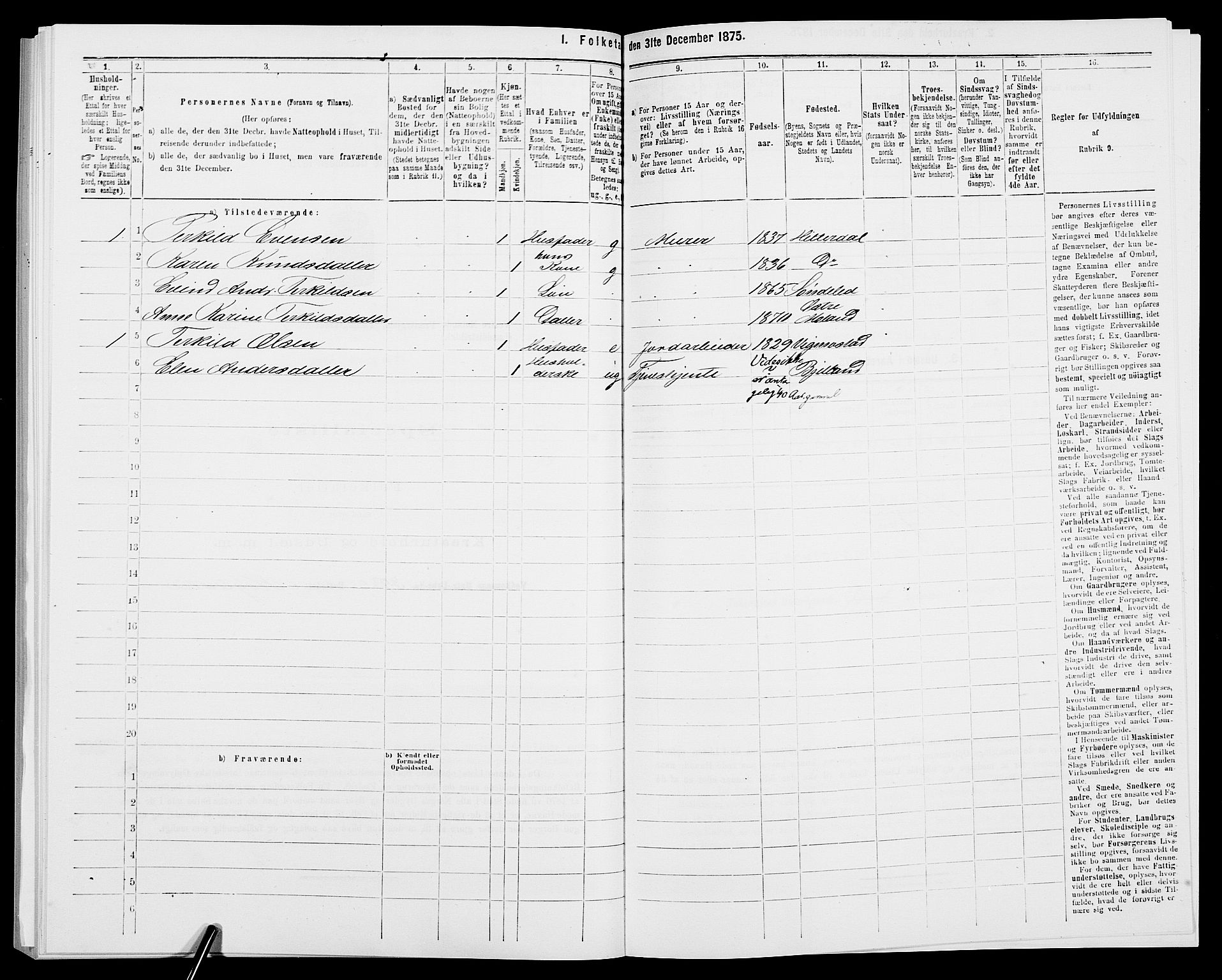 SAK, 1875 census for 0926L Vestre Moland/Vestre Moland, 1875, p. 543