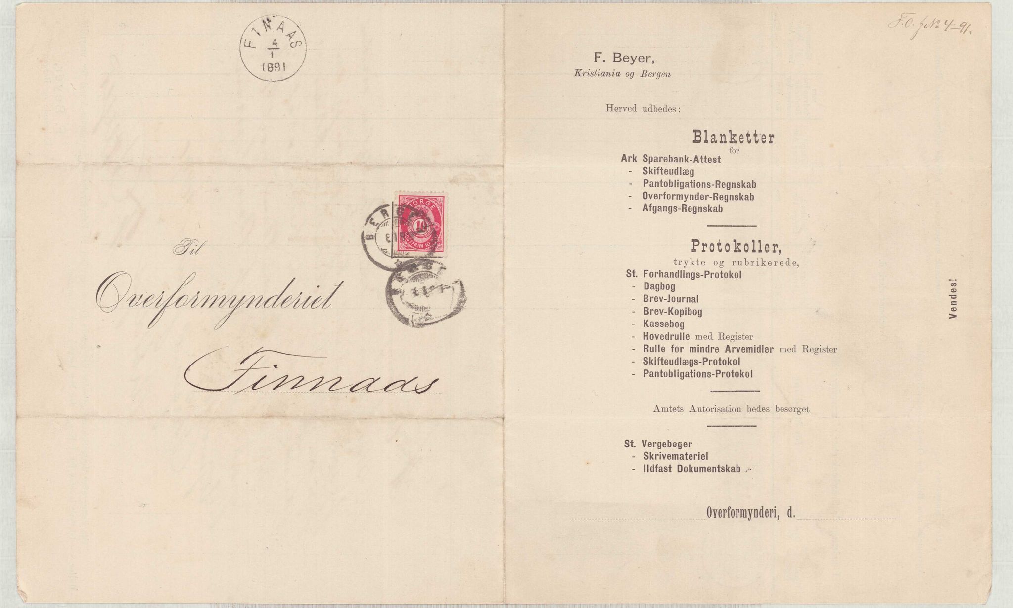 Finnaas kommune. Overformynderiet, IKAH/1218a-812/D/Da/Daa/L0001/0004: Kronologisk ordna korrespondanse / Kronologisk ordna korrespondanse, 1888-1892, p. 120