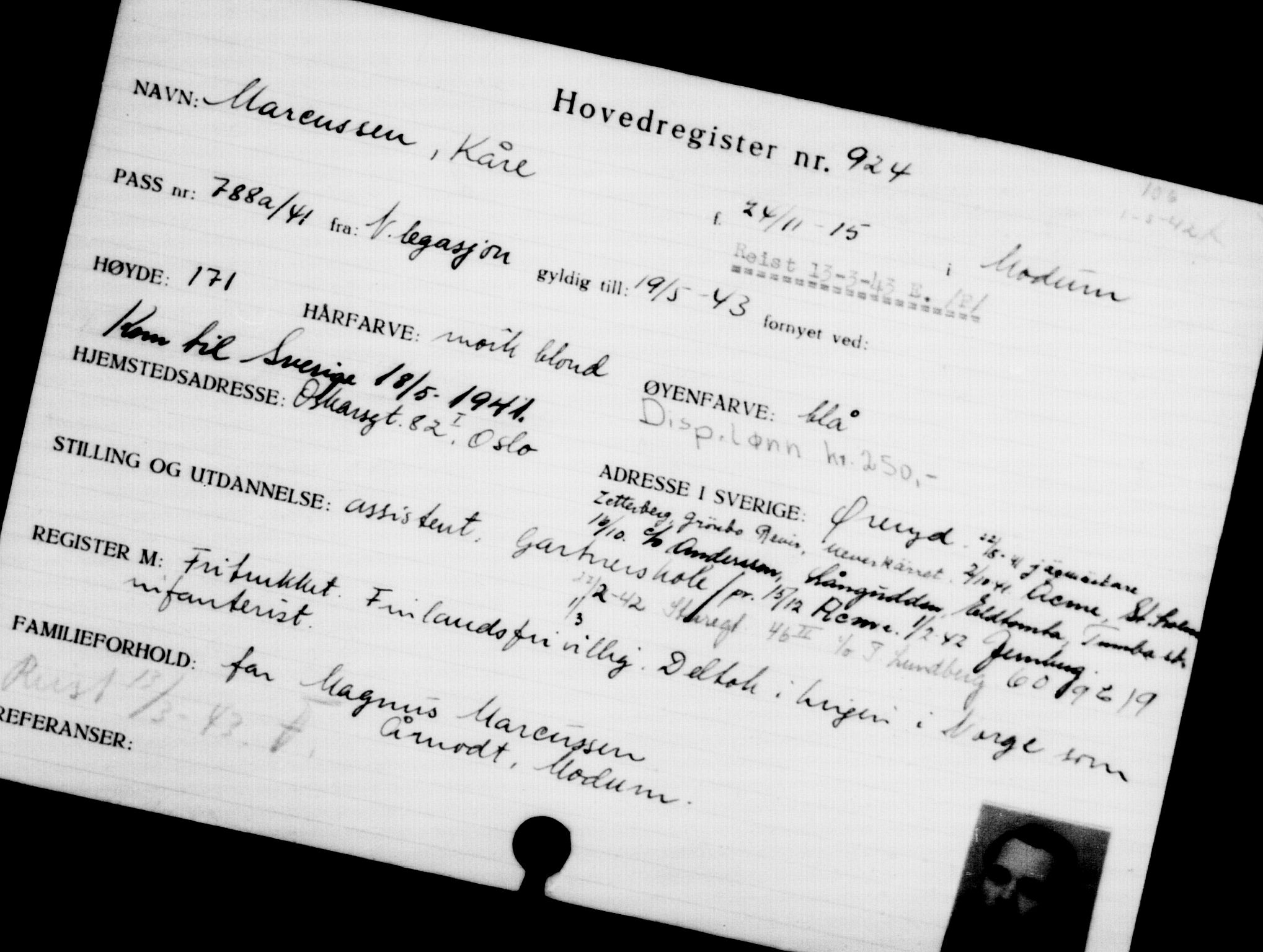 Utenriksstasjonene, Legasjonen i Stockholm, Flyktningkontoret, AV/RA-S-6753/V/Va/L0001: Kjesäterkartoteket, flyktninger med registreringsnr. 1-1000, 1940-1945, p. 1450