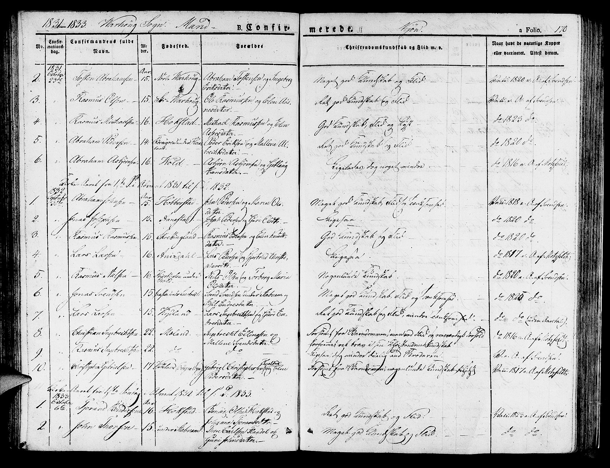 Hå sokneprestkontor, SAST/A-101801/001/30BA/L0004: Parish register (official) no. A 4.1 /2, 1826-1841, p. 170