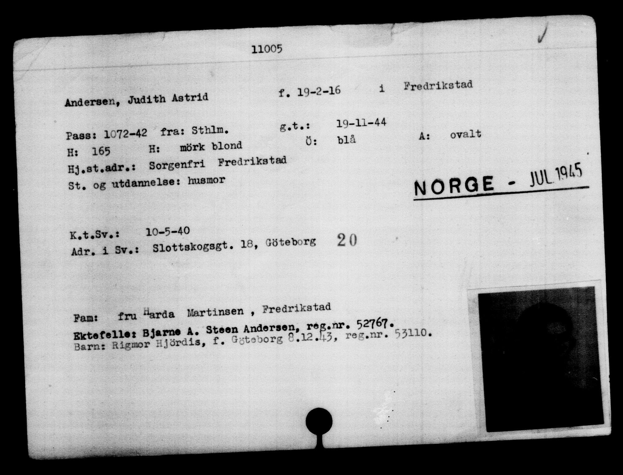 Utenriksstasjonene, Legasjonen i Stockholm, Flyktningkontoret, AV/RA-S-6753/V/Va/L0006: Kjesäterkartoteket, flyktninger med registreringsnr. 9400-12711, 1940-1945, p. 1827