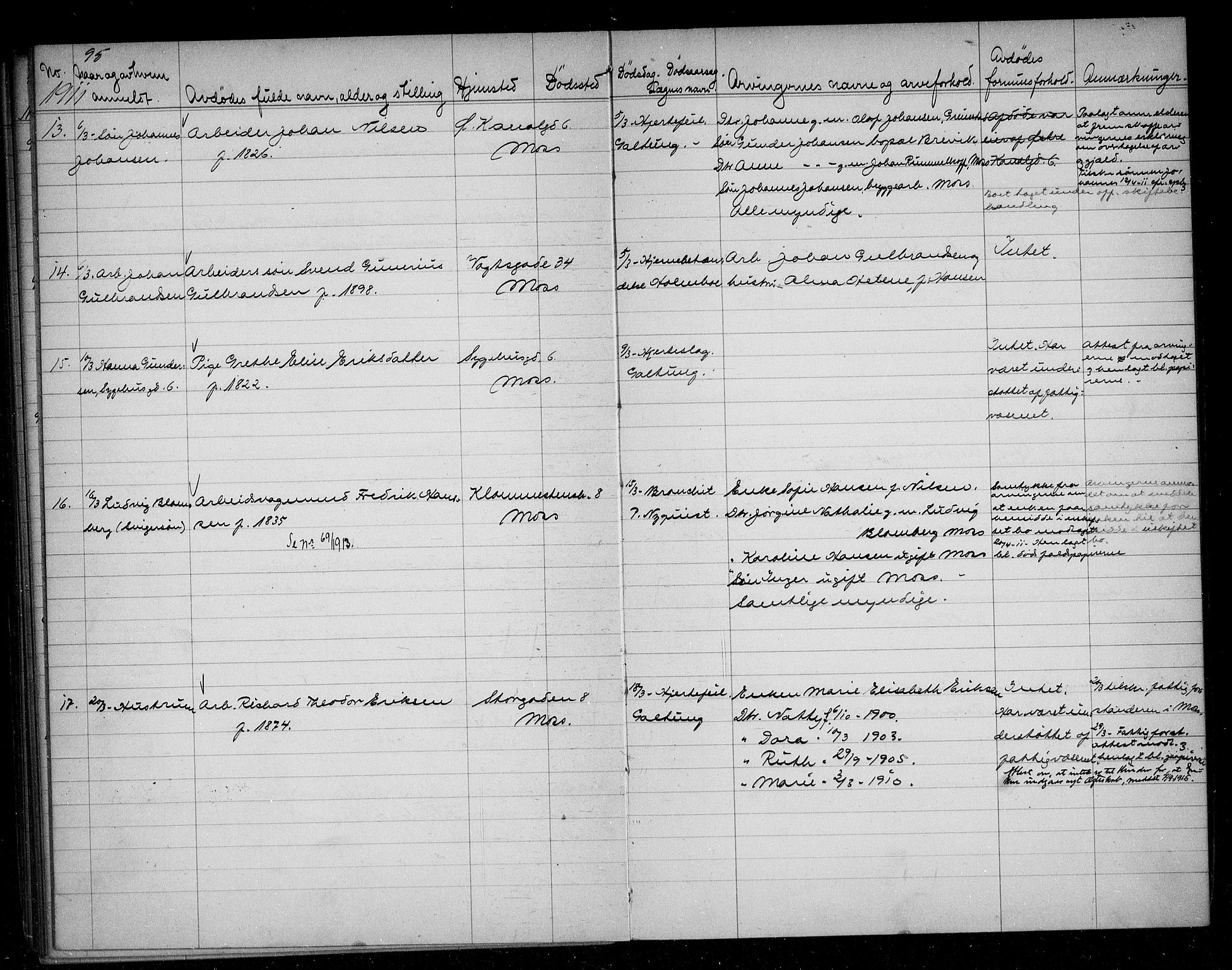 Moss byfogd, AV/SAO-A-10863/H/Ha/Hab/L0004: Dødsanmeldelsesprotokoll, 1906-1914, p. 95