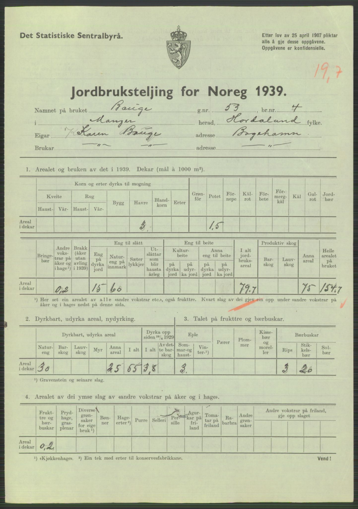 Statistisk sentralbyrå, Næringsøkonomiske emner, Jordbruk, skogbruk, jakt, fiske og fangst, AV/RA-S-2234/G/Gb/L0211: Hordaland: Herdla, Hjelme og Manger, 1939, p. 1851