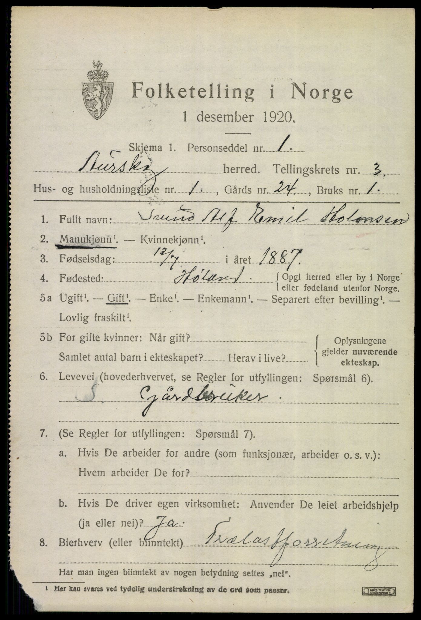 SAO, 1920 census for Aurskog, 1920, p. 3552