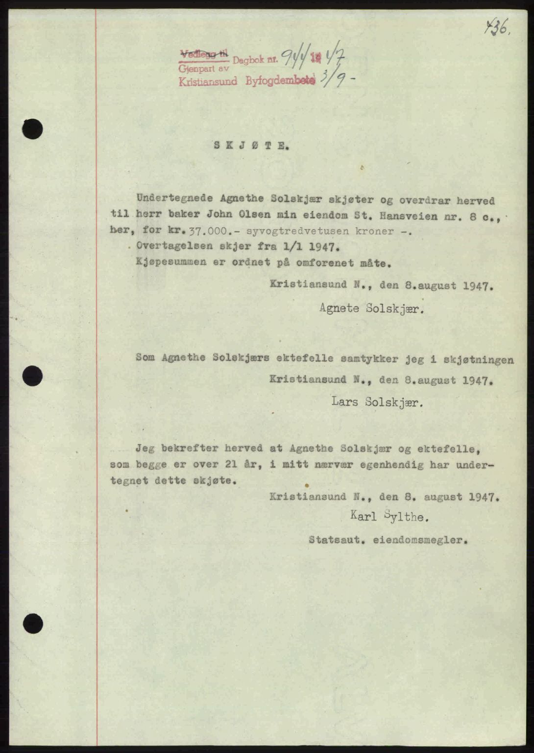 Kristiansund byfogd, AV/SAT-A-4587/A/27: Mortgage book no. 39b, 1946-1947, Diary no: : 944/1947