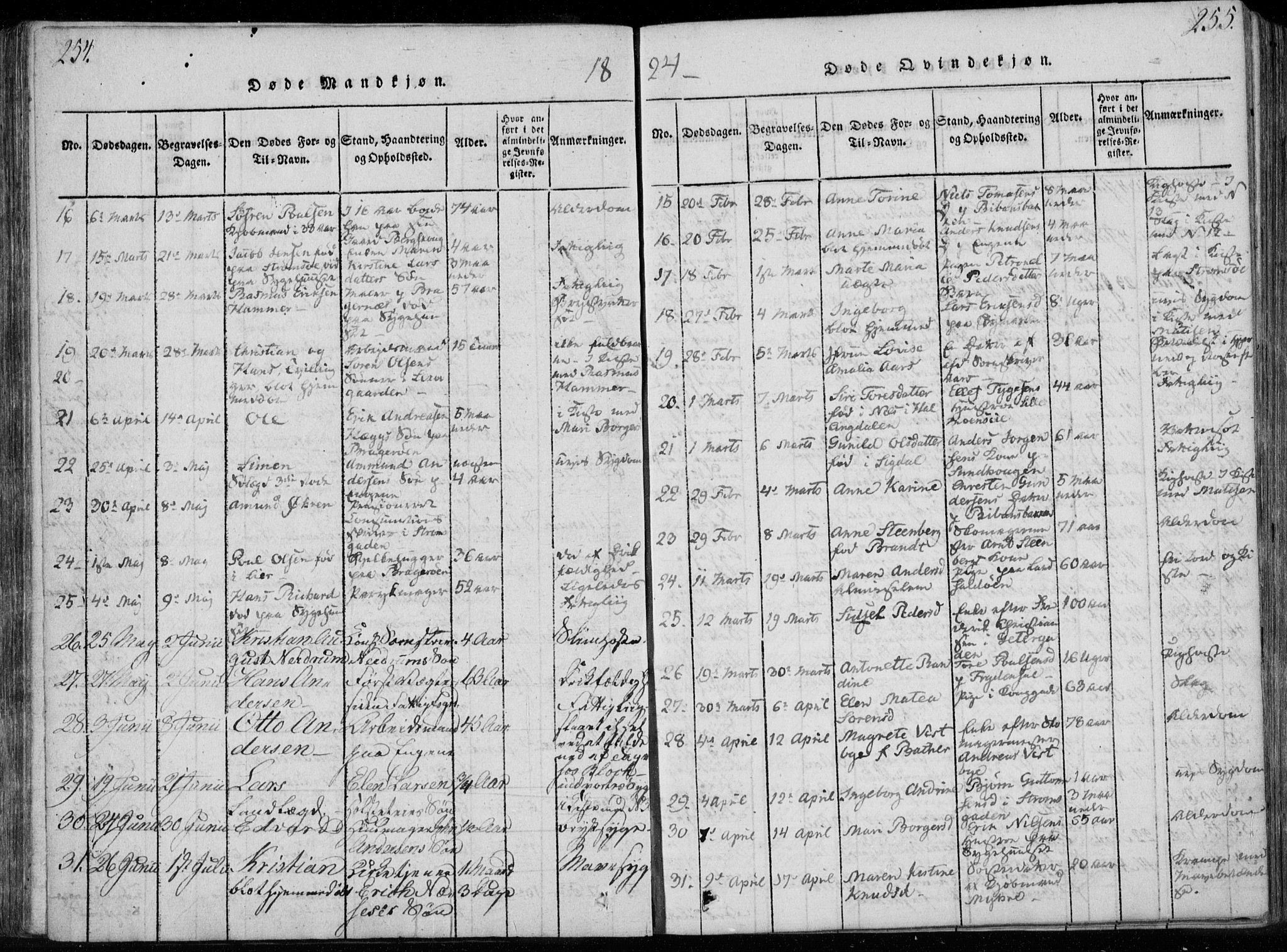 Bragernes kirkebøker, AV/SAKO-A-6/F/Fa/L0007: Parish register (official) no. I 7, 1815-1829, p. 254-255