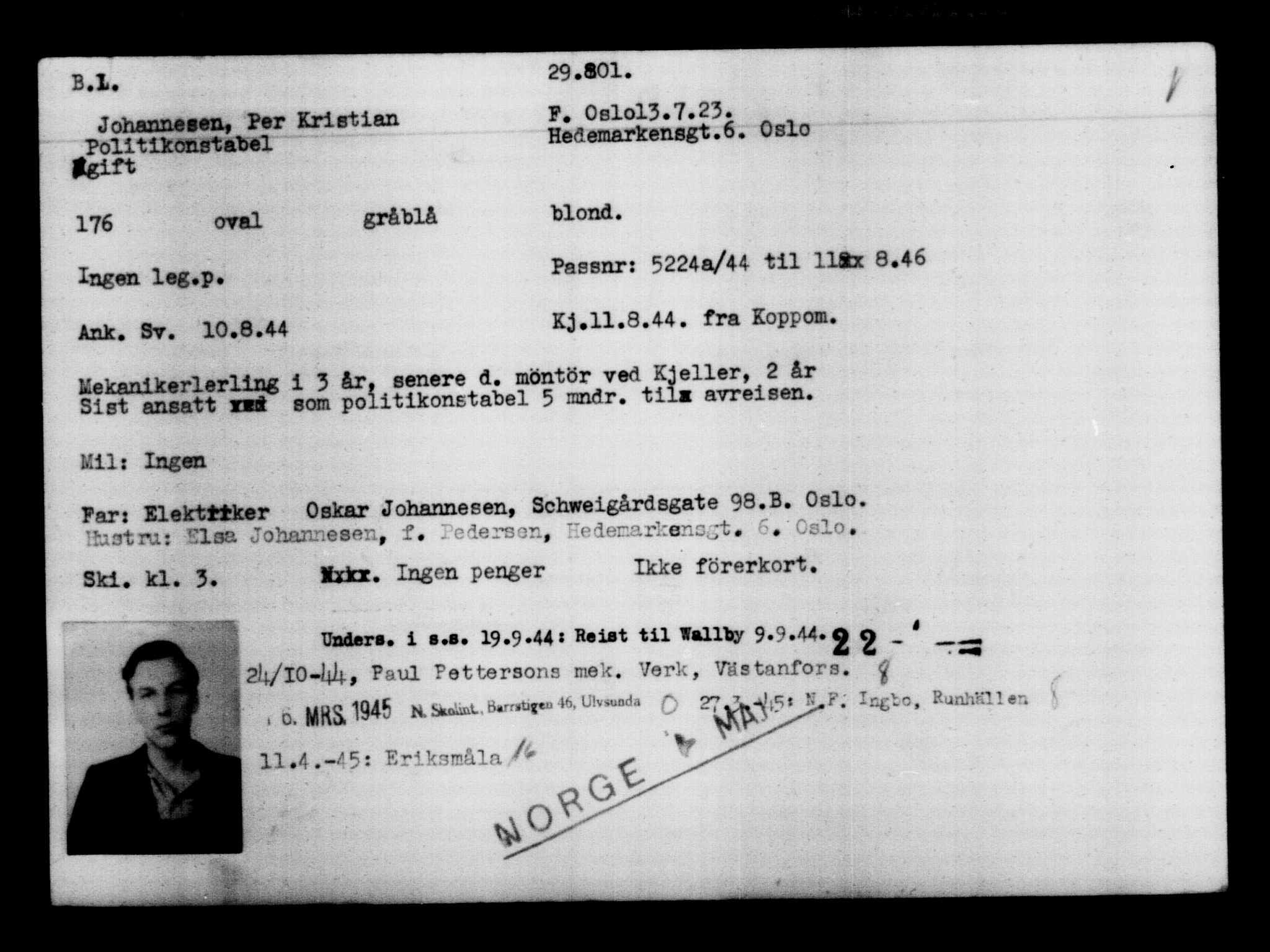 Utenriksstasjonene, Legasjonen i Stockholm, Flyktningkontoret, AV/RA-S-6753/V/Va/L0012: Kjesäterkartoteket, flyktninger med registreringsnr. 28300-31566, 1940-1945, p. 1650