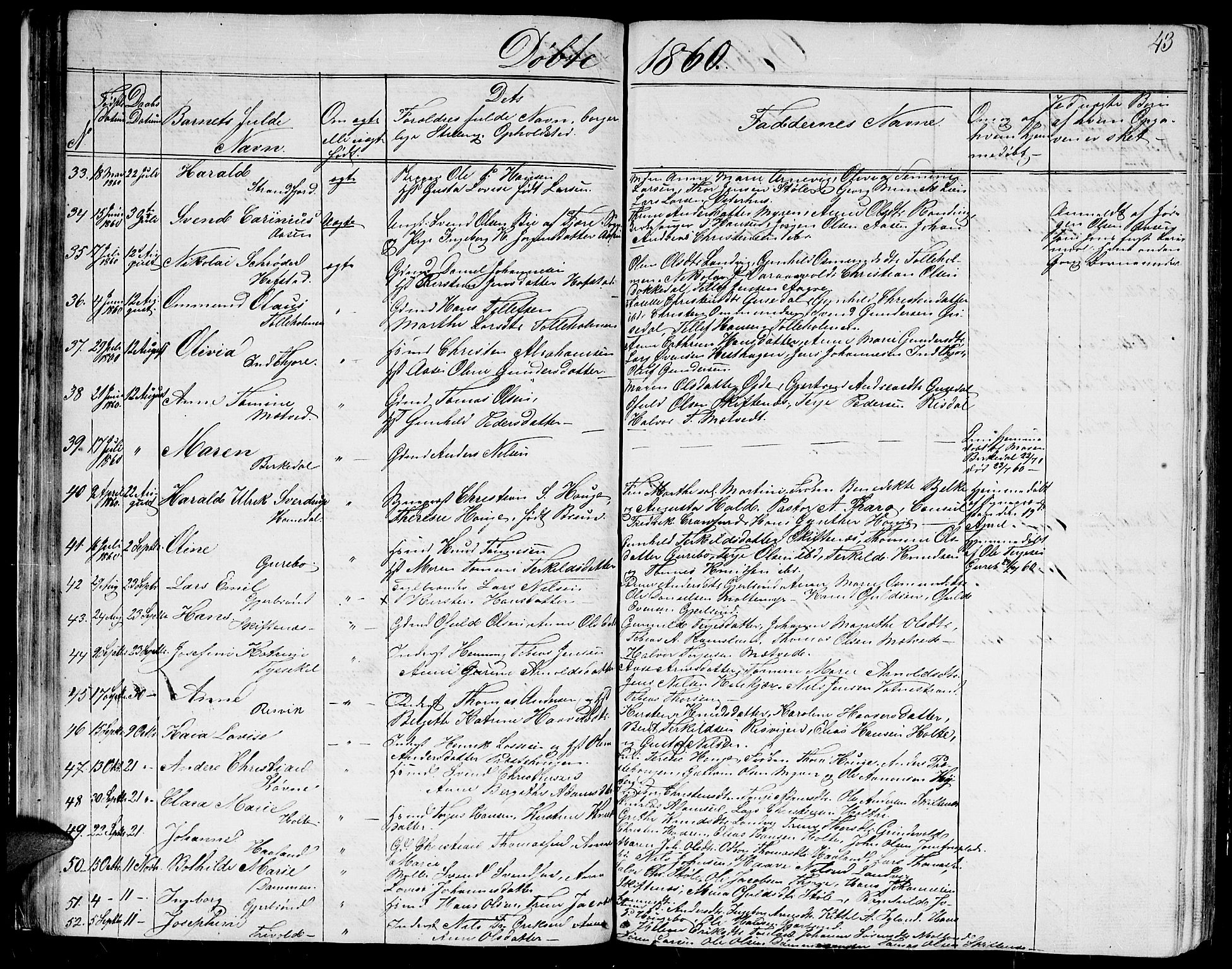 Hommedal sokneprestkontor, AV/SAK-1111-0023/F/Fb/Fbb/L0005: Parish register (copy) no. B 5, 1850-1869, p. 43