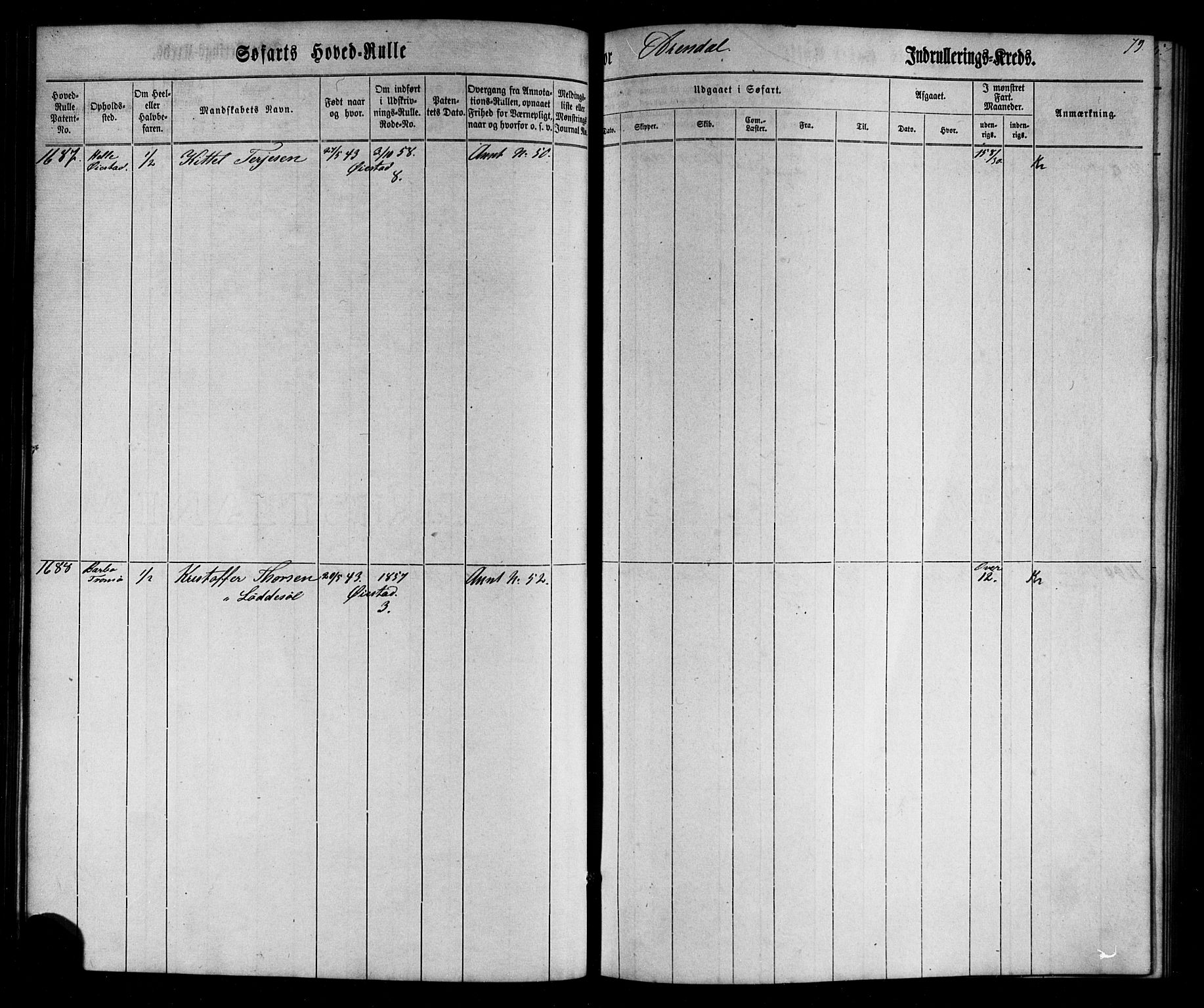 Arendal mønstringskrets, AV/SAK-2031-0012/F/Fb/L0002: Hovedrulle nr 1533-1724 uten register, E-3, 1863-1864, p. 79