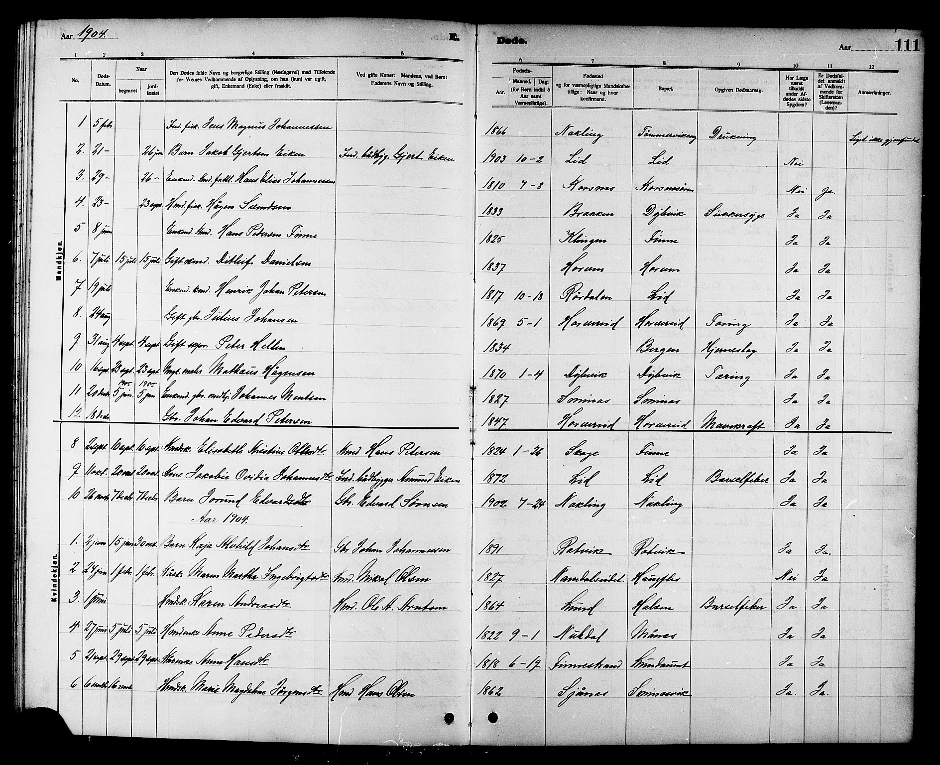 Ministerialprotokoller, klokkerbøker og fødselsregistre - Nord-Trøndelag, SAT/A-1458/780/L0652: Parish register (copy) no. 780C04, 1899-1911, p. 111