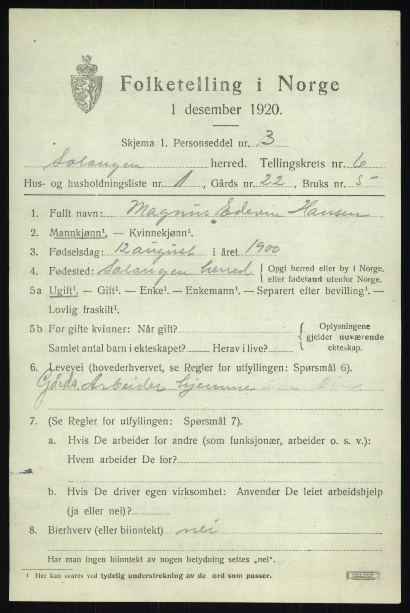 SATØ, 1920 census for Salangen, 1920, p. 4268