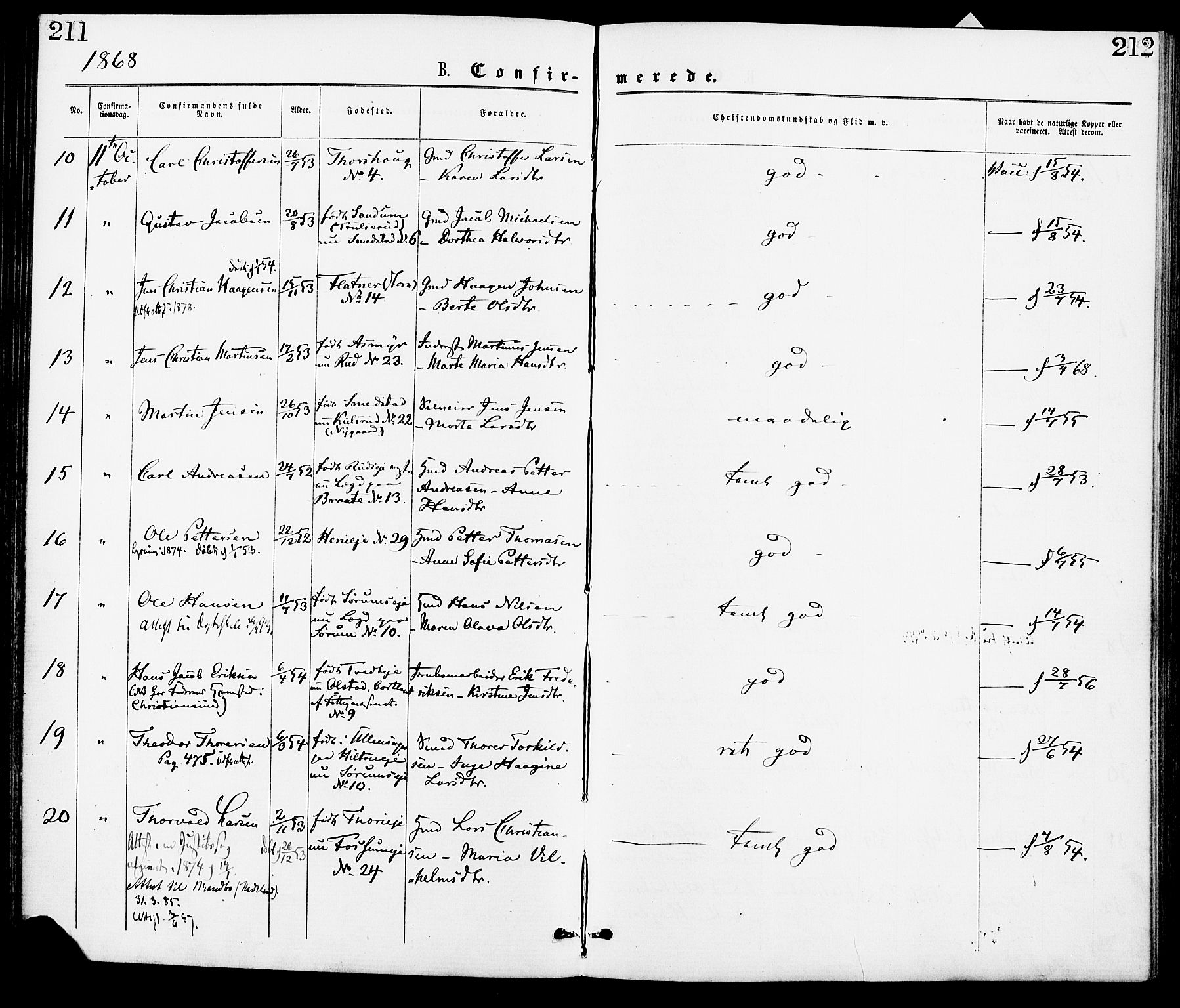 Gjerdrum prestekontor Kirkebøker, SAO/A-10412b/F/Fa/L0008: Parish register (official) no. I 8, 1867-1880, p. 211-212