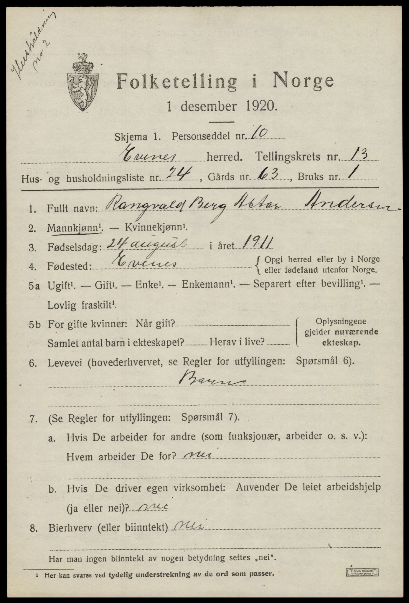 SAT, 1920 census for Evenes, 1920, p. 12194