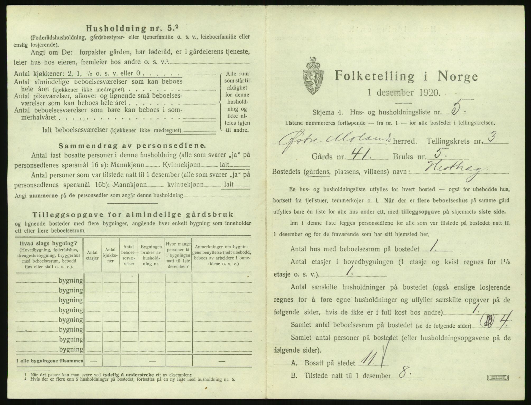 SAK, 1920 census for Austre Moland, 1920, p. 229