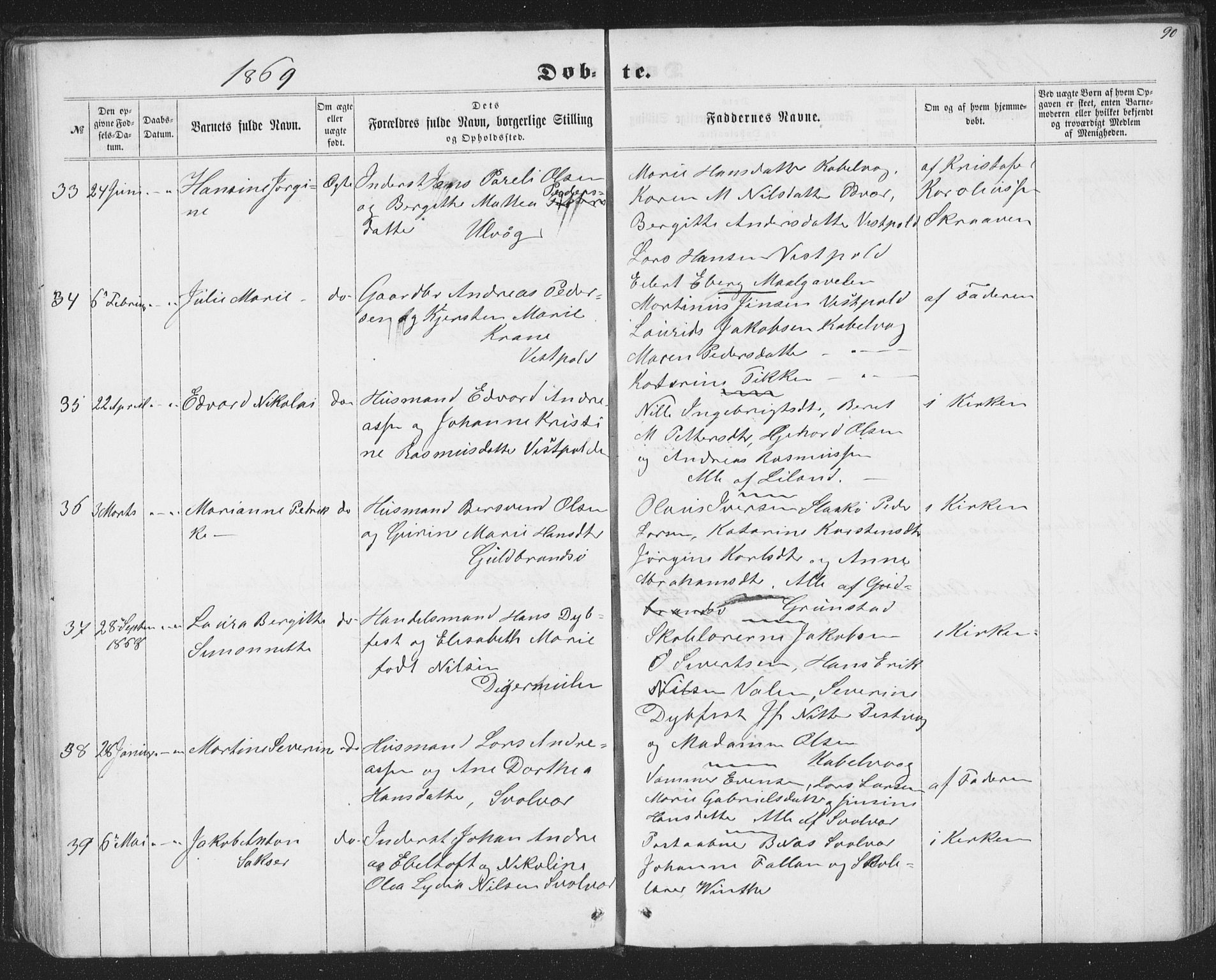 Ministerialprotokoller, klokkerbøker og fødselsregistre - Nordland, AV/SAT-A-1459/874/L1073: Parish register (copy) no. 874C02, 1860-1870, p. 90