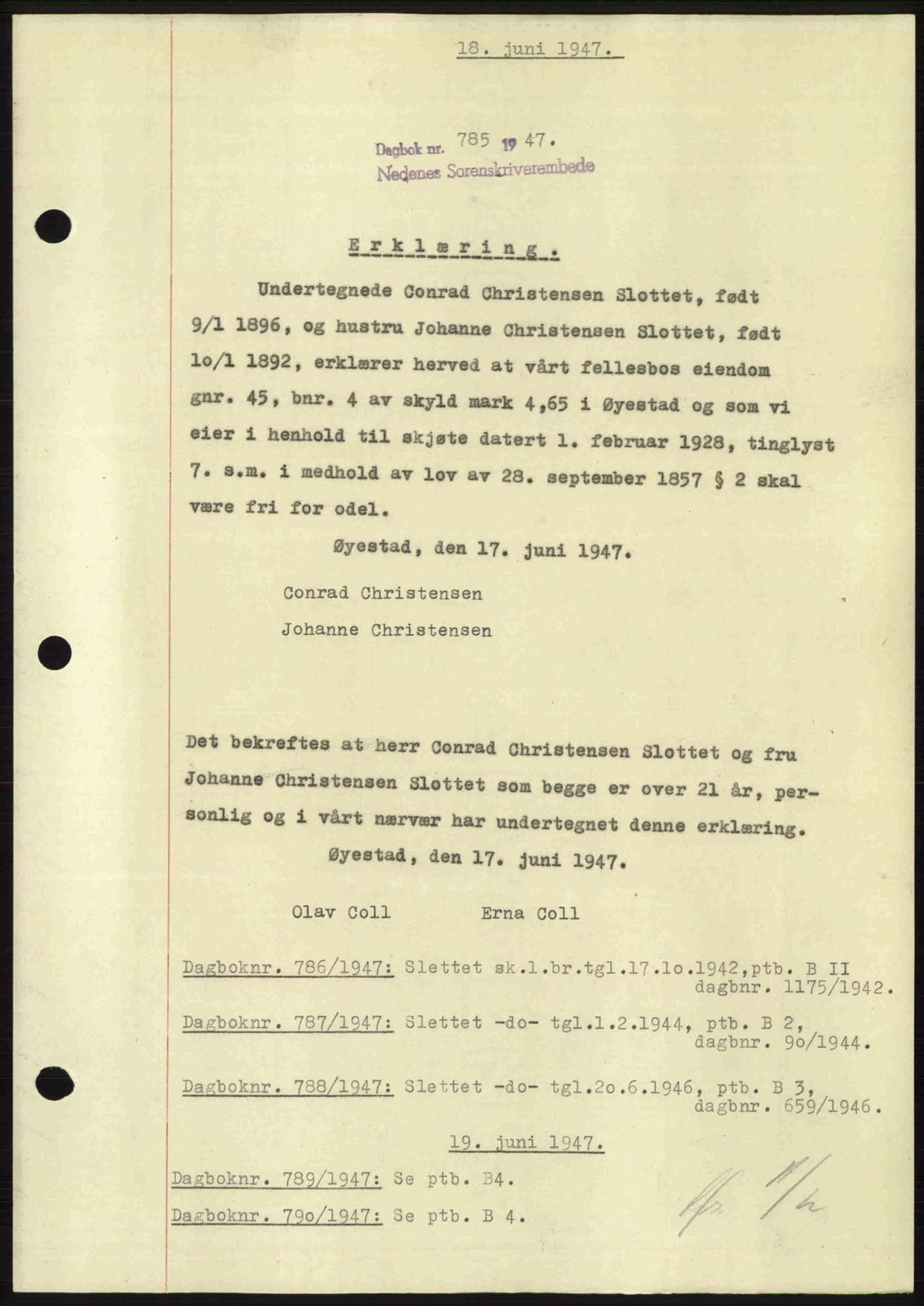 Nedenes sorenskriveri, SAK/1221-0006/G/Gb/Gba/L0057: Mortgage book no. A9, 1947-1947, Diary no: : 785/1947
