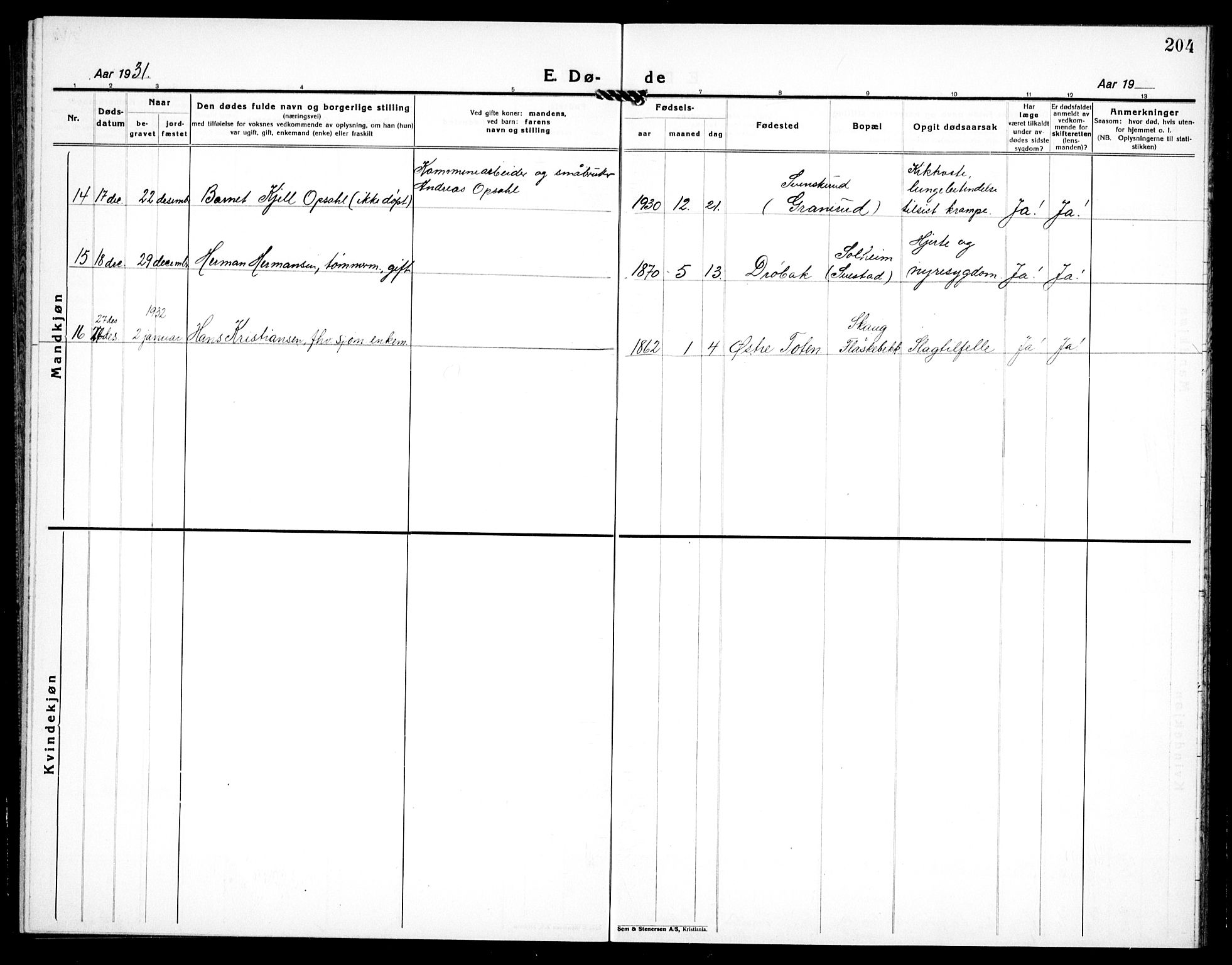 Nesodden prestekontor Kirkebøker, AV/SAO-A-10013/G/Ga/L0003: Parish register (copy) no. I 3, 1924-1939, p. 204