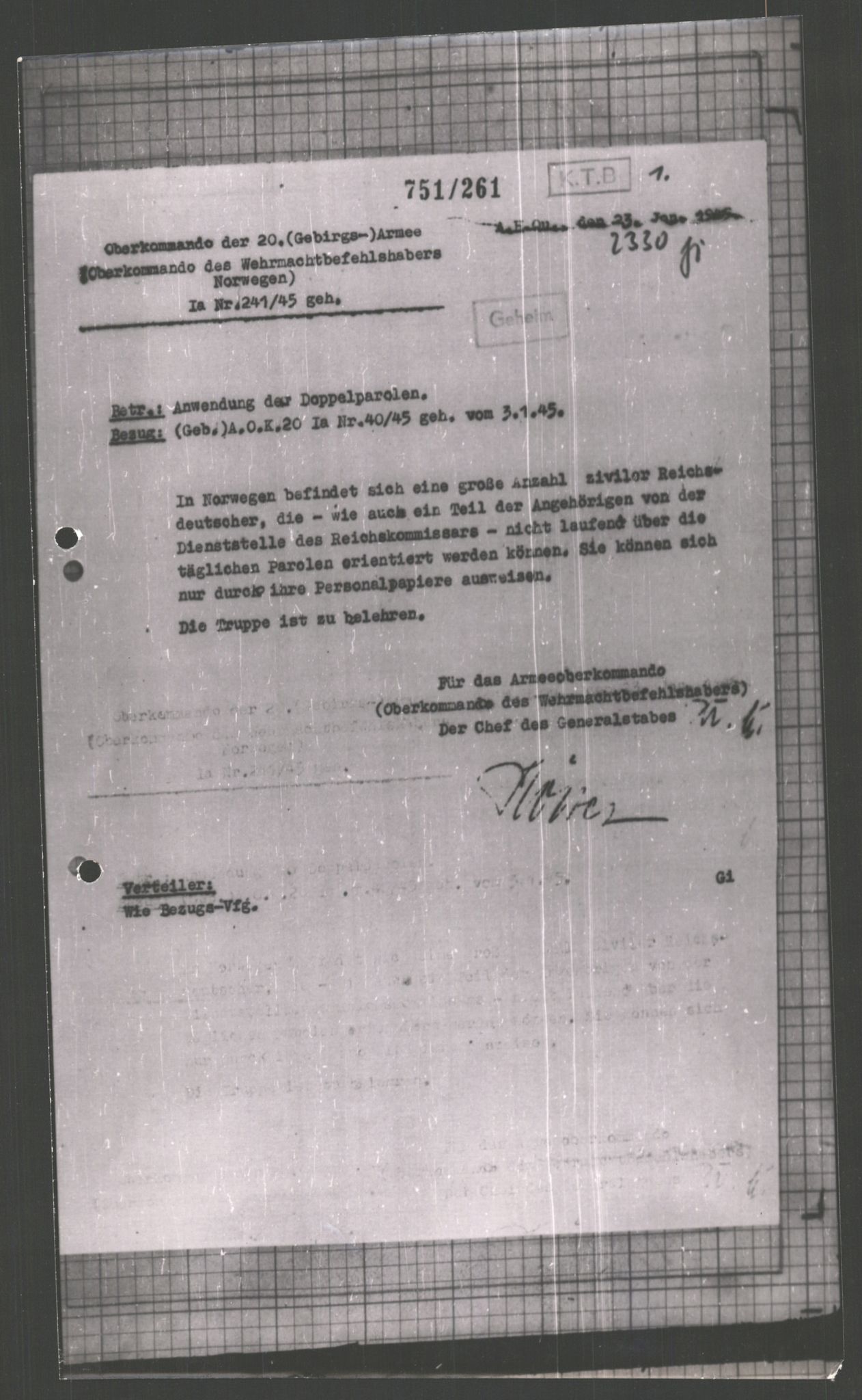 Forsvarets Overkommando. 2 kontor. Arkiv 11.4. Spredte tyske arkivsaker, AV/RA-RAFA-7031/D/Dar/Dara/L0002: Krigsdagbøker for 20. Gebirgs-Armee-Oberkommando (AOK 20), 1945, p. 246