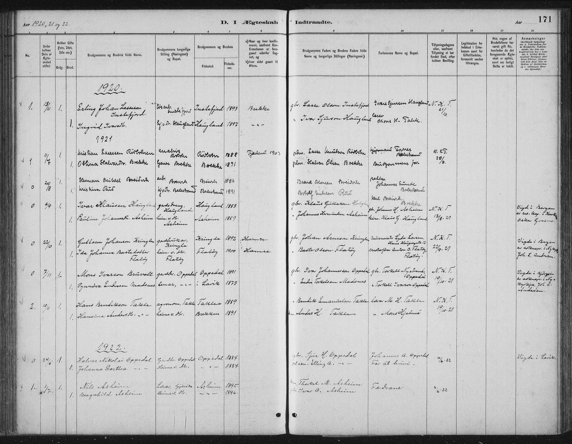 Gulen sokneprestembete, SAB/A-80201/H/Hab/Habc/L0002: Parish register (copy) no. C 2, 1880-1938, p. 171